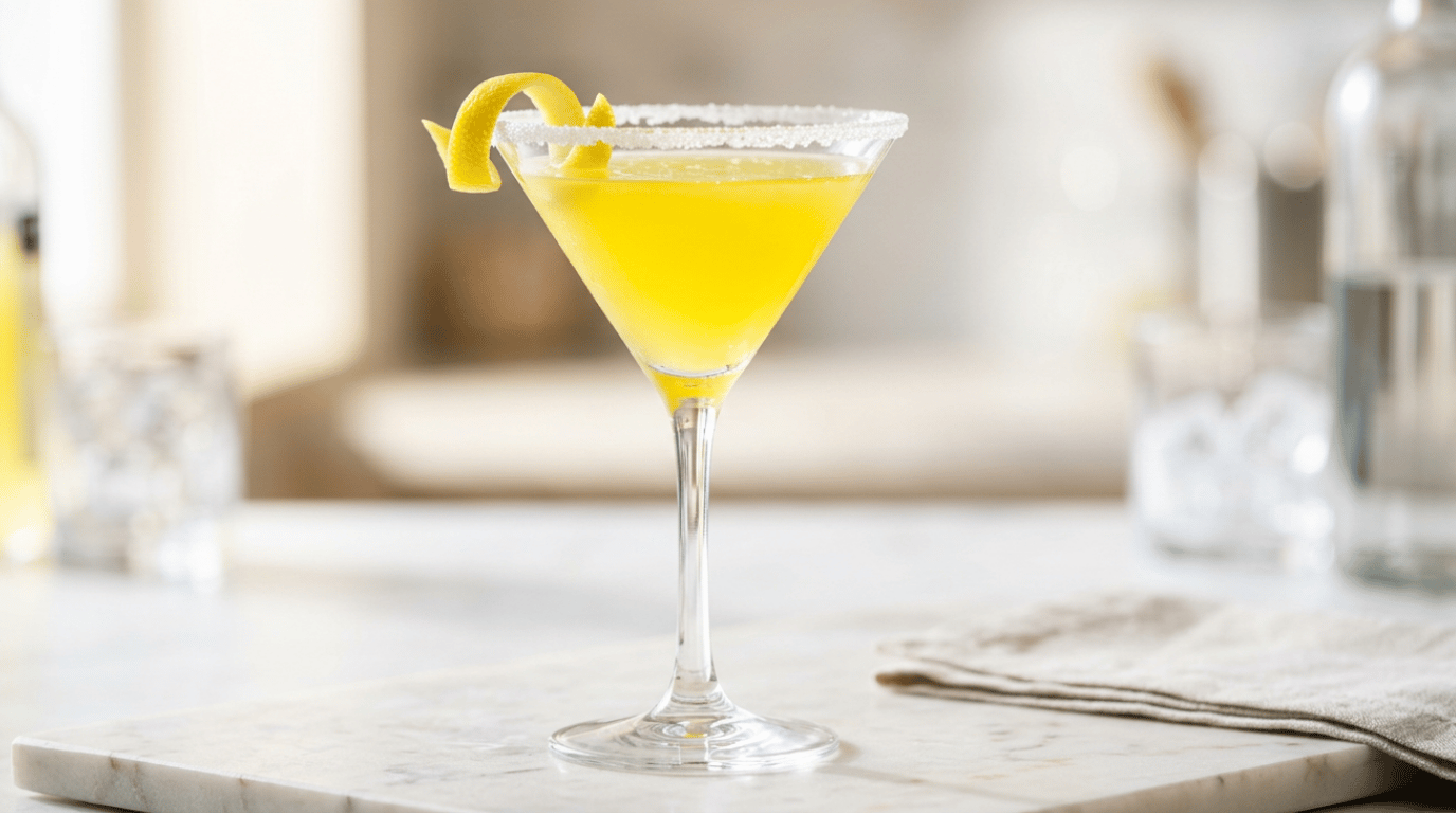 Lemon drop martini in a sugar-rimmed martini glass with a lemon twist garnish