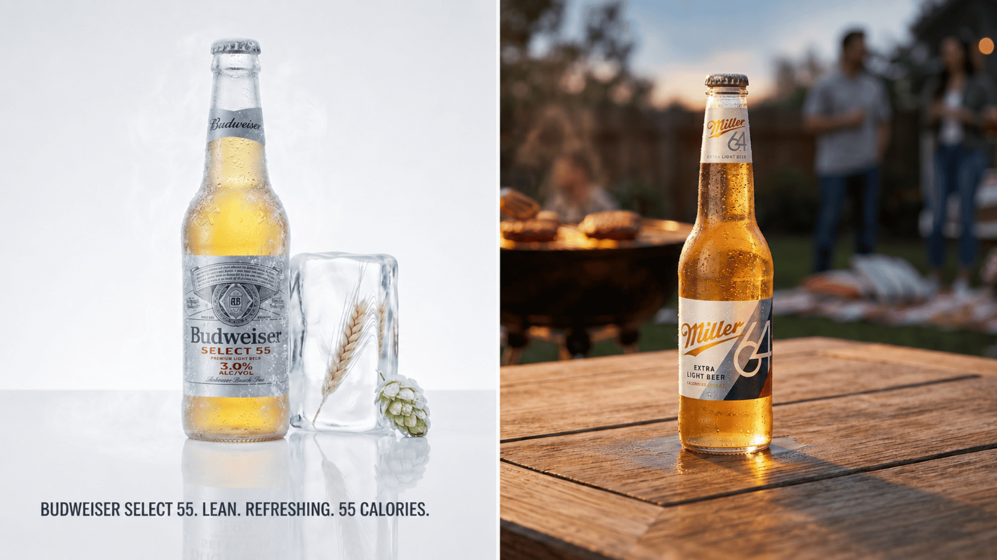 Budweiser Select 55 and Miller64 bottles; two of the lowest-calorie beers available