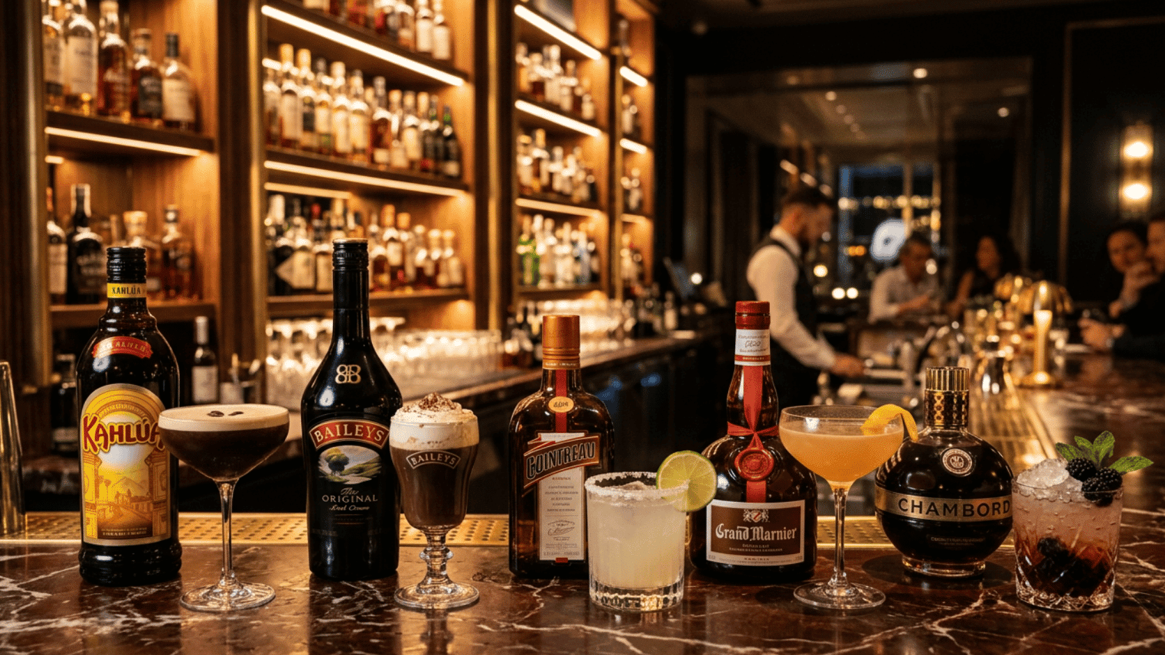 Premium liqueur bottles with signature cocktails displayed on a marble bar in an elegant cocktail lounge.