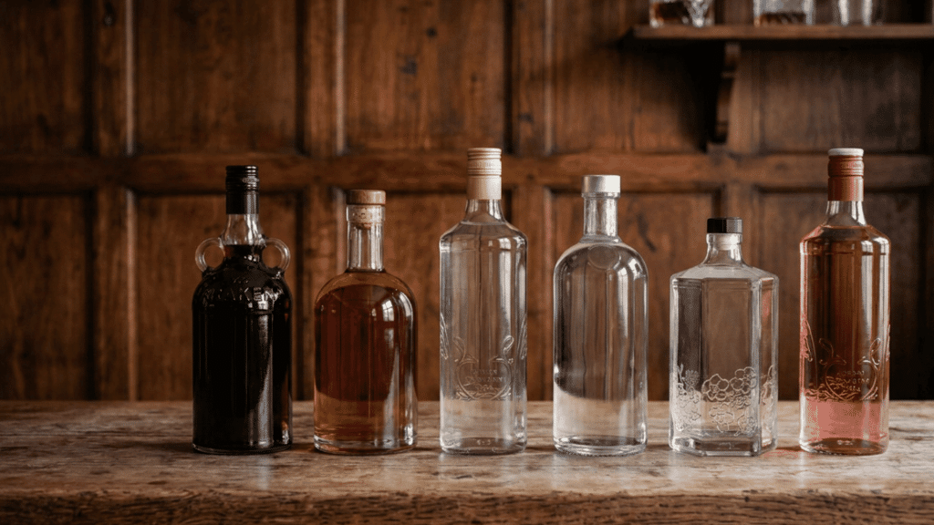 liquor bottles in different sizes arranged on a wooden bar showing alcohol bottle size comparison