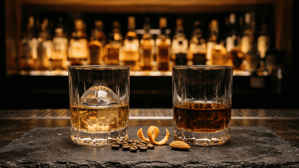 Two glasses of liquor and liqueur with ice, coffee beans, and an almond on a bar counter.