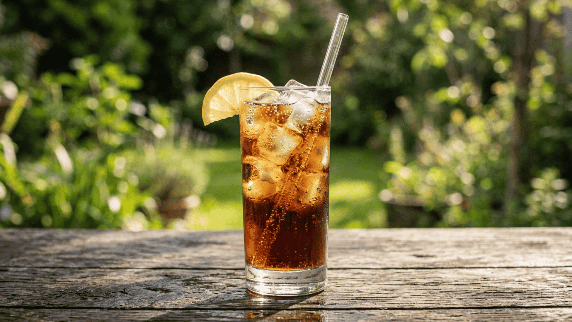 Long Island Iced Tea with lemon, ice, and bubbles in a tall glass