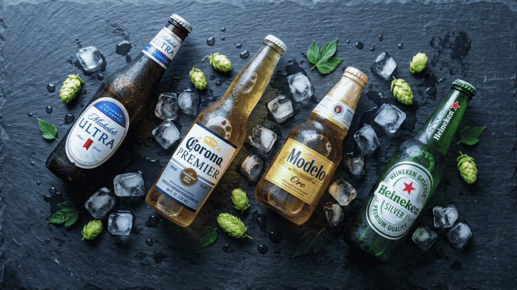 Michelob Ultra, Corona Premier, Modelo Oro, and Heineken Silver bottles on ice