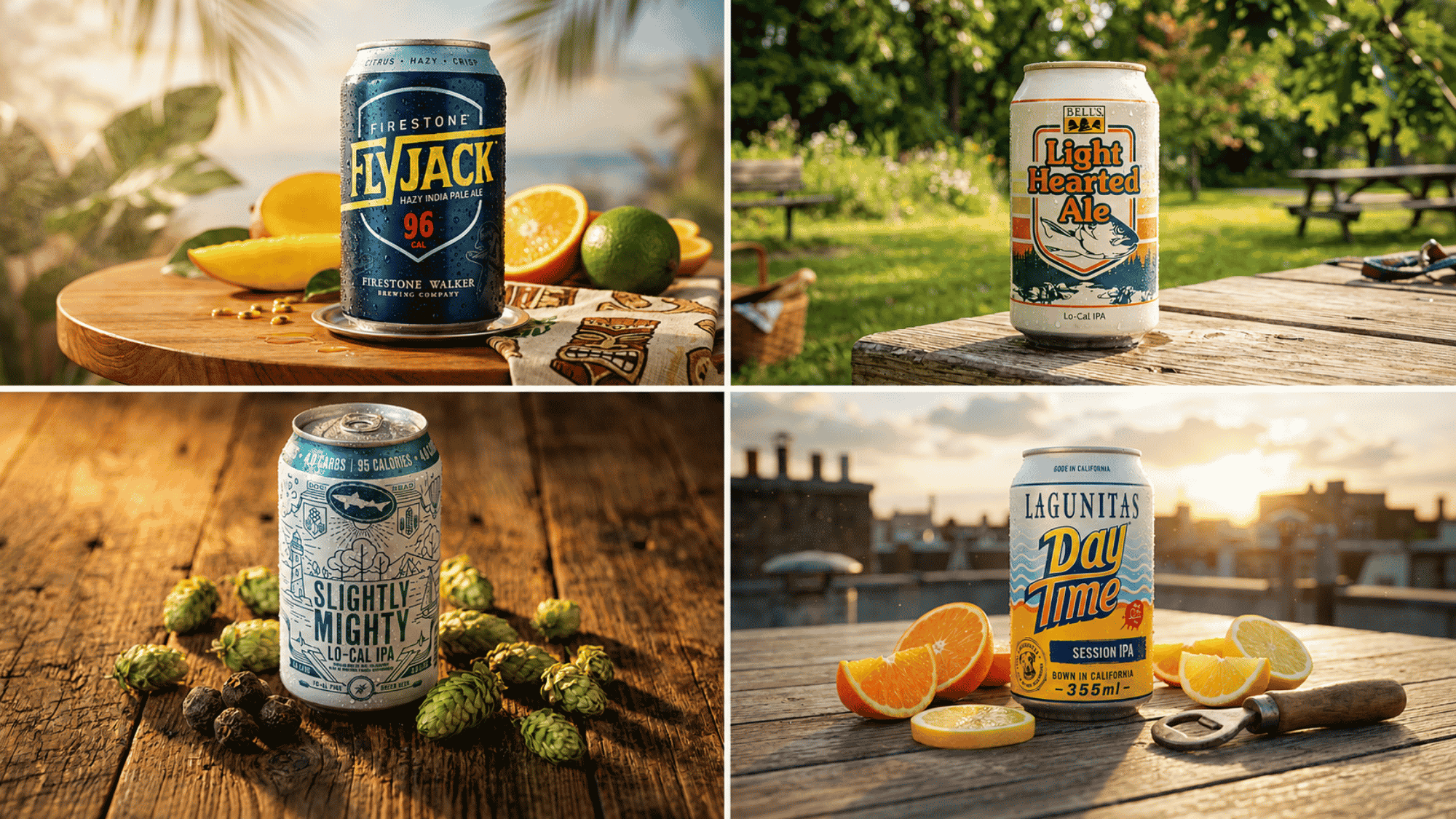 Firestone Flyjack, Bell's Light Hearted, Dogfish Slightly Mighty, and Lagunitas DayTime cans
