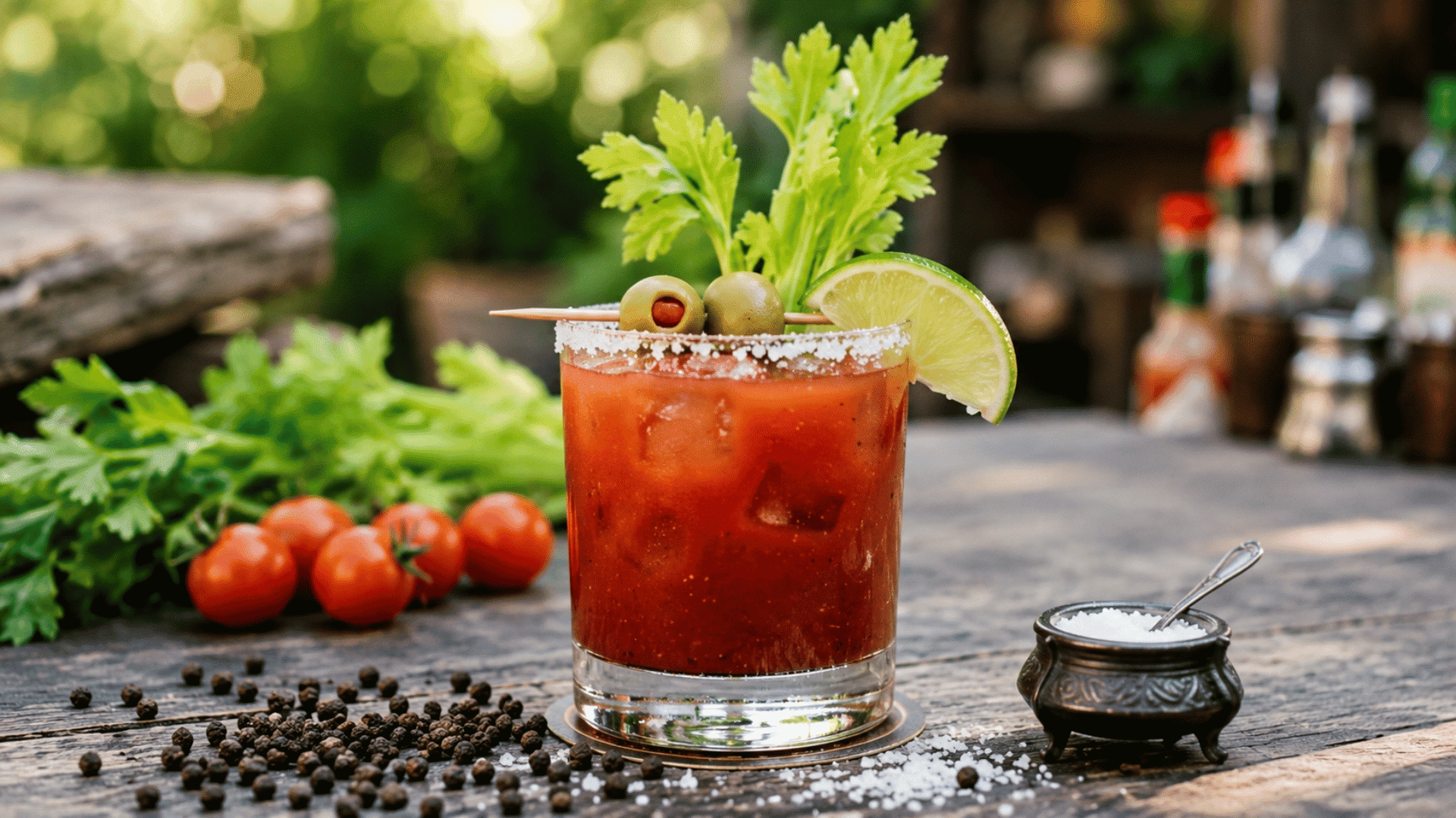 low sugar Bloody Mary with celery, olives, lime, tomatoes, peppercorns, and ice