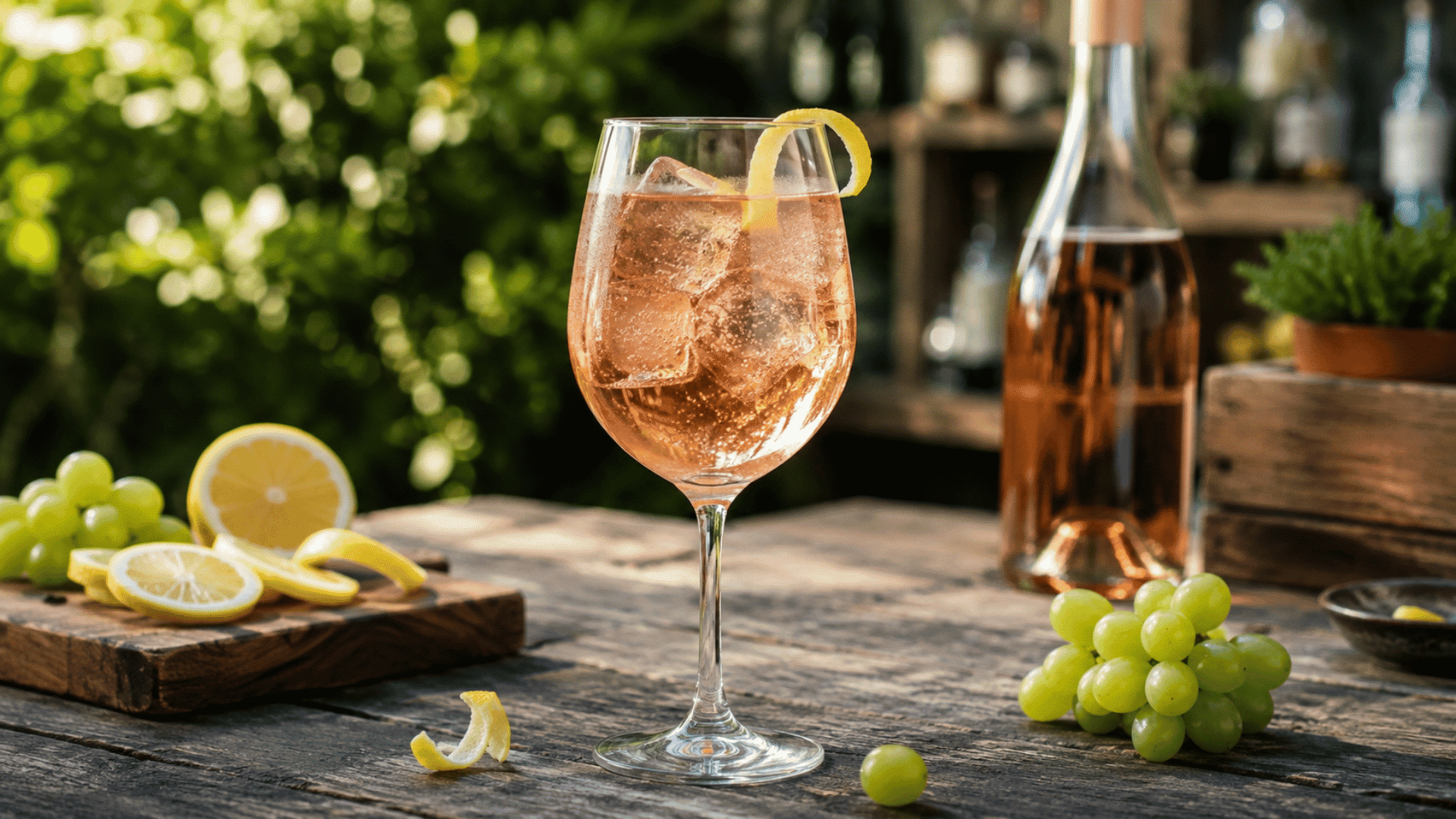 low sugar rosé wine spritzer with ice, lemon peel, grapes, and sliced lemon on a wooden table