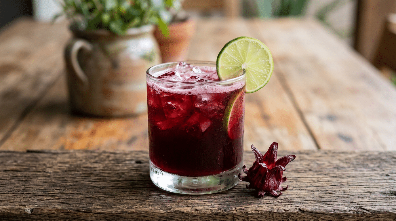 Hibiscus margarita with a deep red color and lime garnish