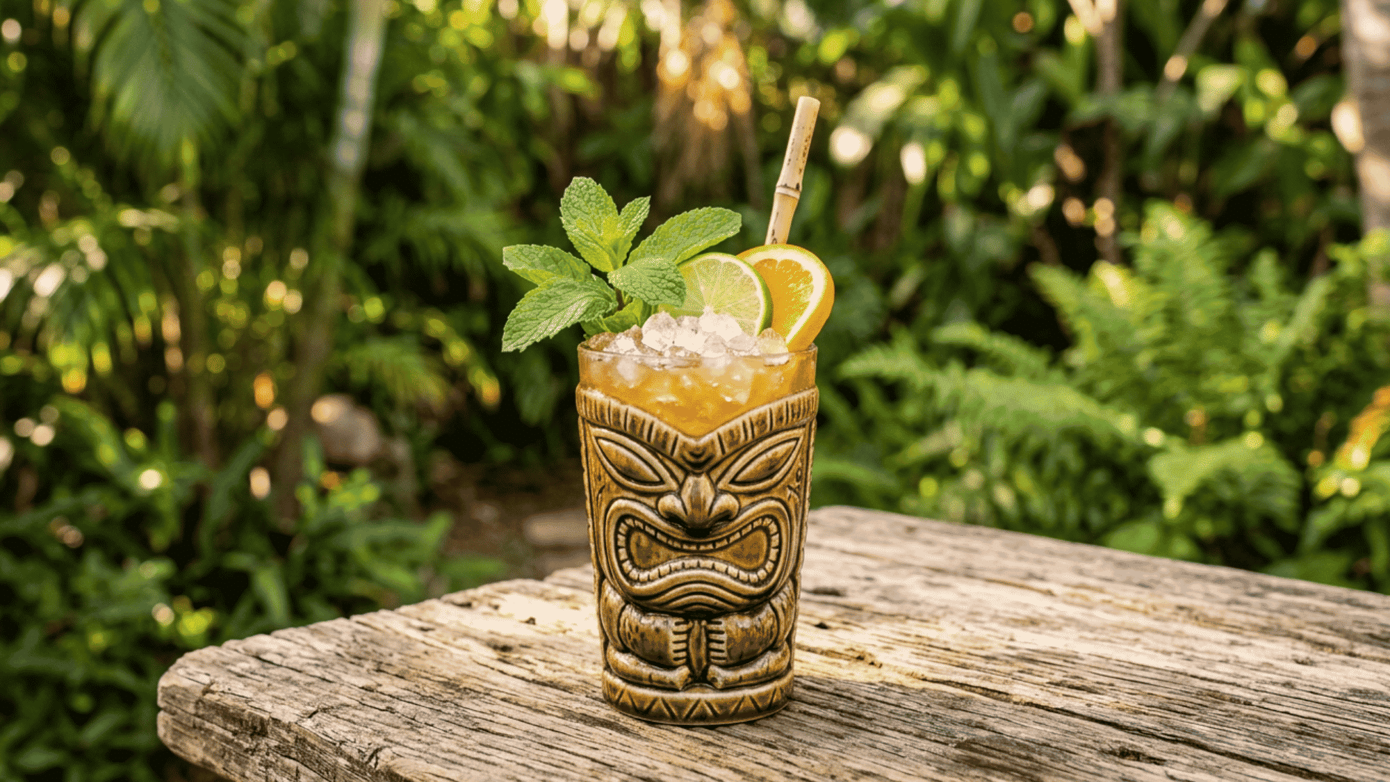Mai Tai with mint, lime, orange, and crushed ice in a tiki glass