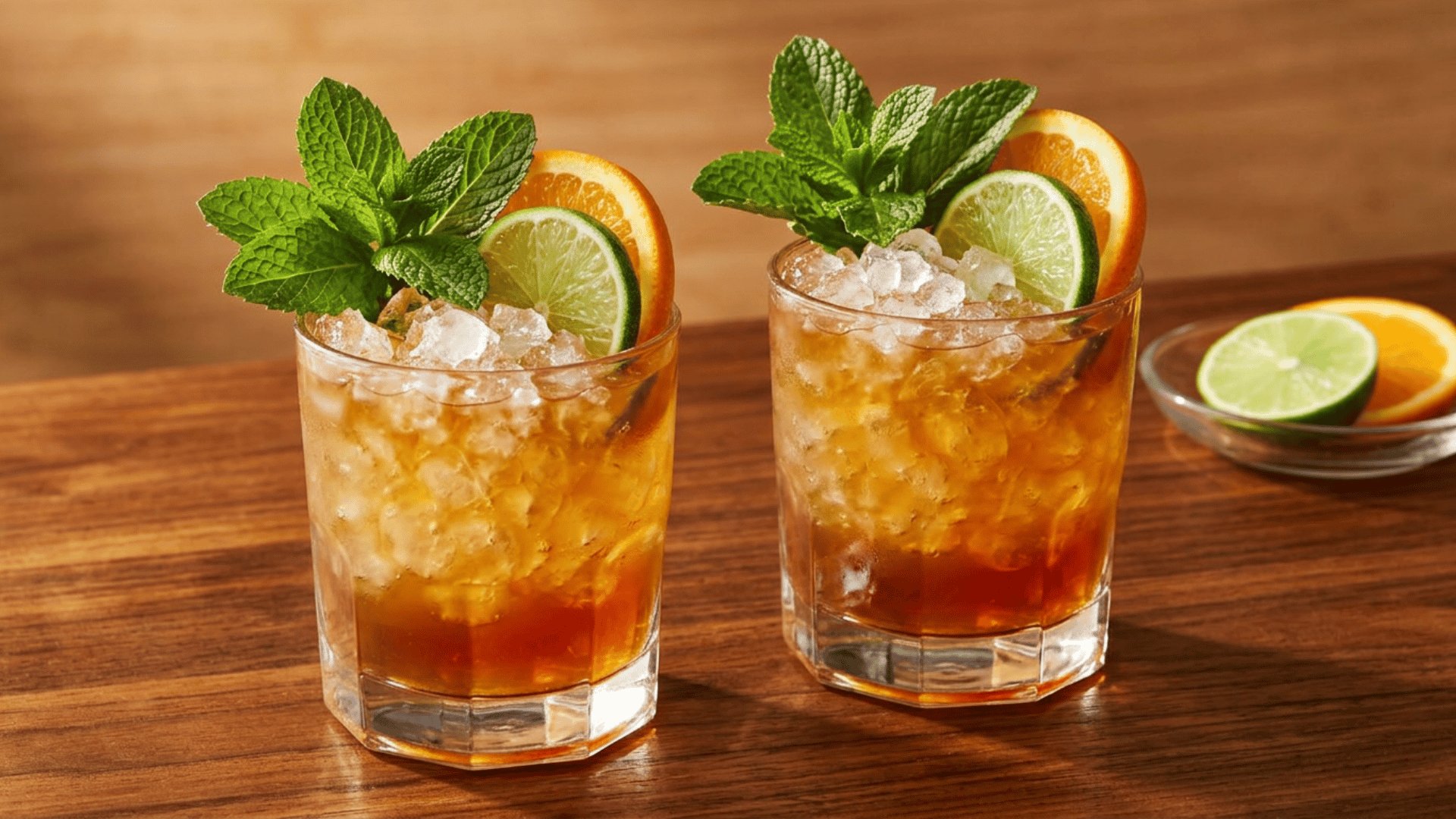 Mai Tai cocktail with crushed ice, mint, lime, and orange garnish on a wooden bar.