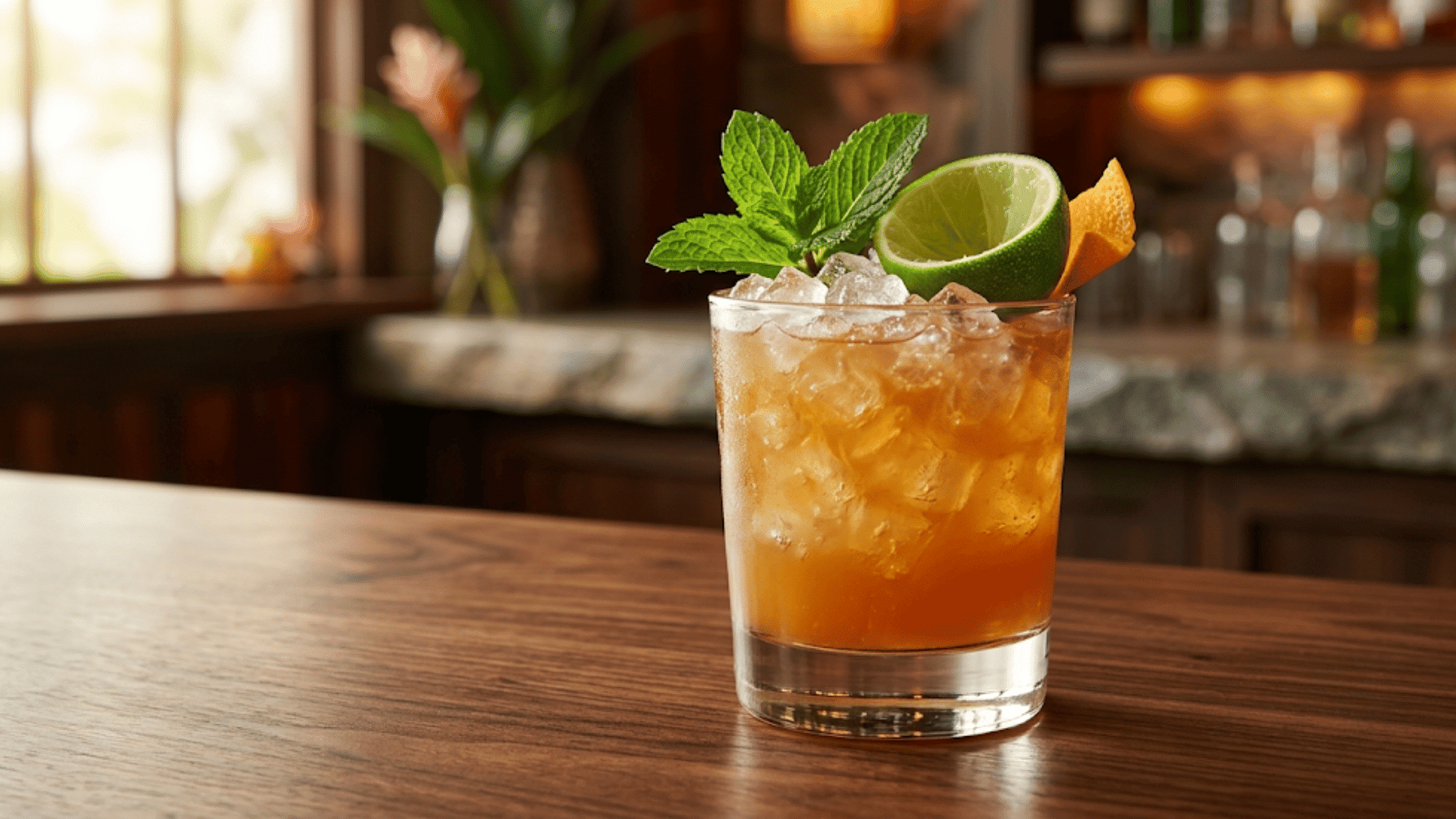 Mai Tai cocktail over crushed ice with mint, lime, and orange garnish.