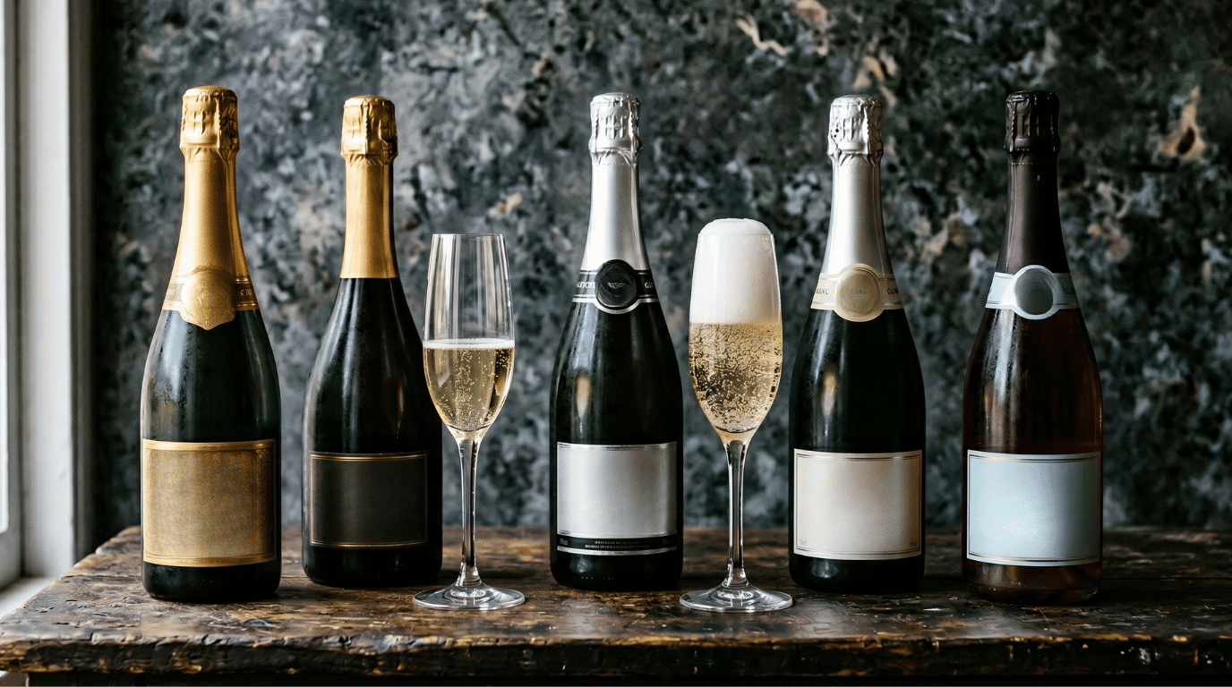 Five bottles of Italian sparkling wine arranged on a rustic wooden surface alongside two filled champagne flutes, set against a dark marble background.