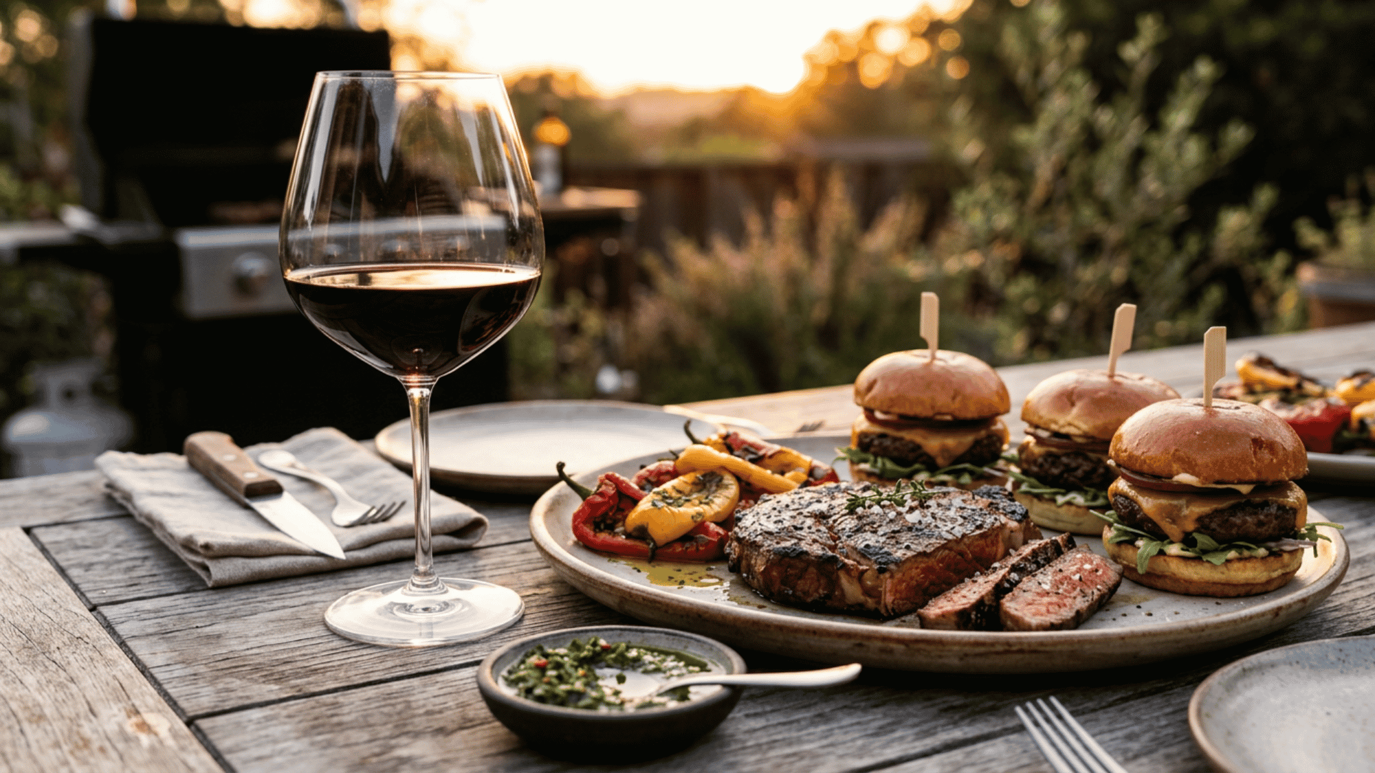 Malbec with grilled steak, burgers, peppers, and chimichurri