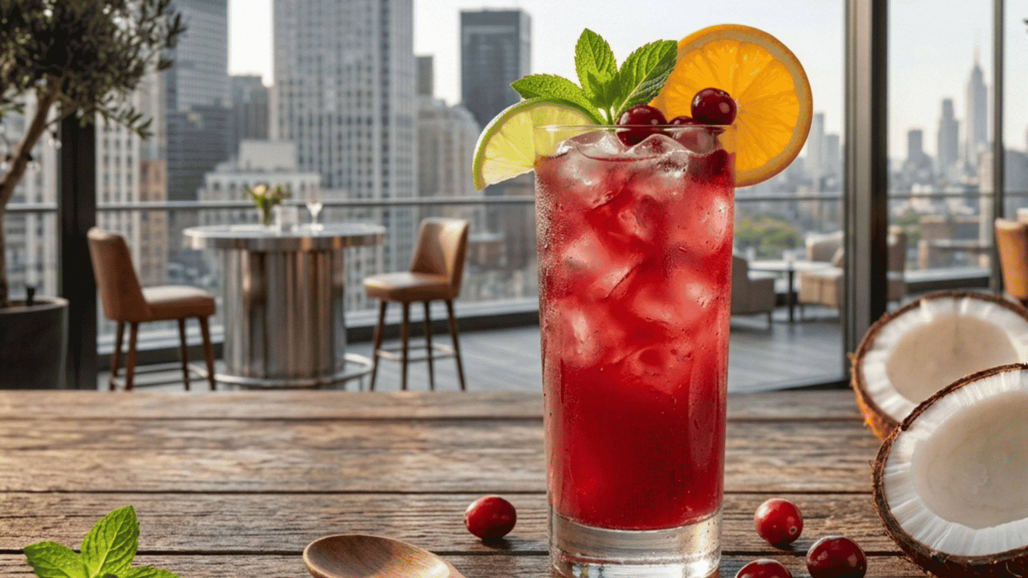 Cranberry Malibu cocktail with lime, orange slice, ice, and fresh berries