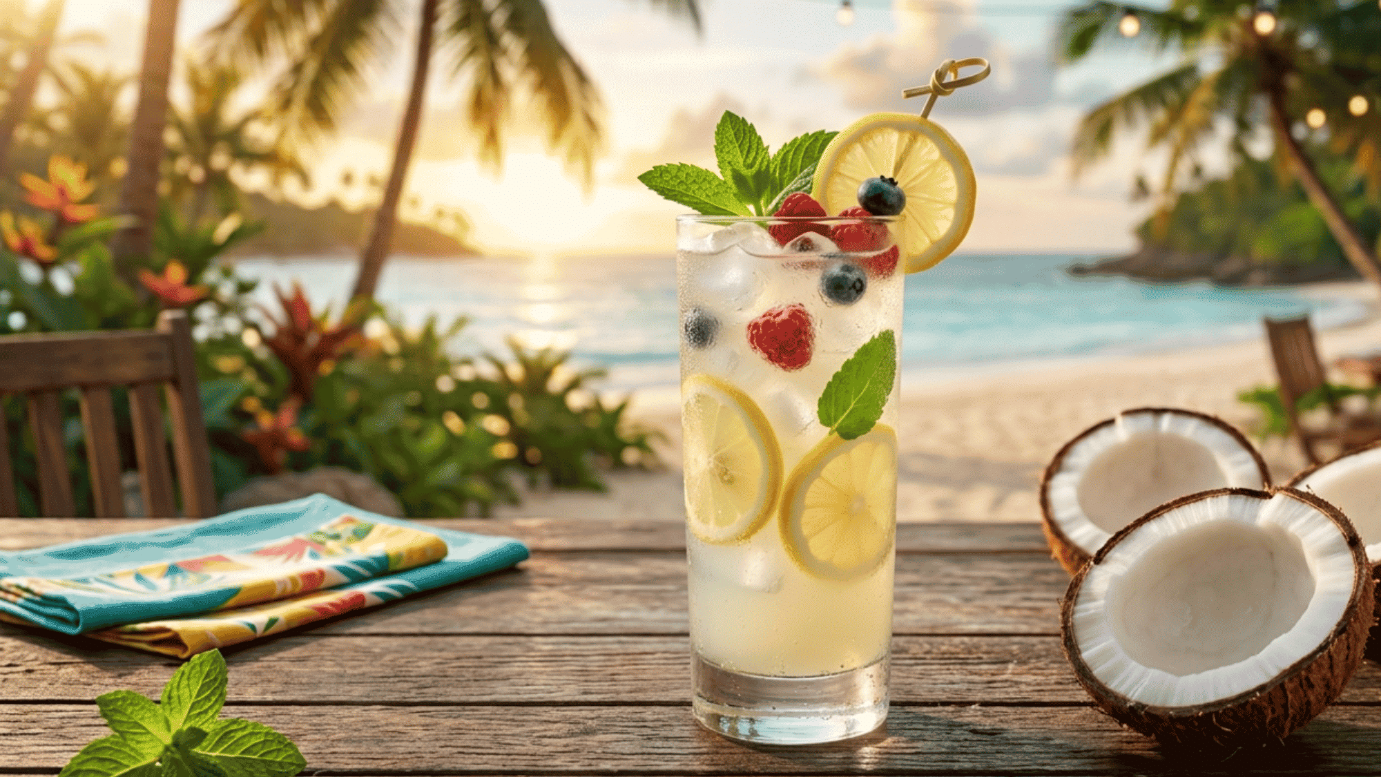Refreshing Malibu lemonade cocktail with lemon slices, mint, berries, and ice
