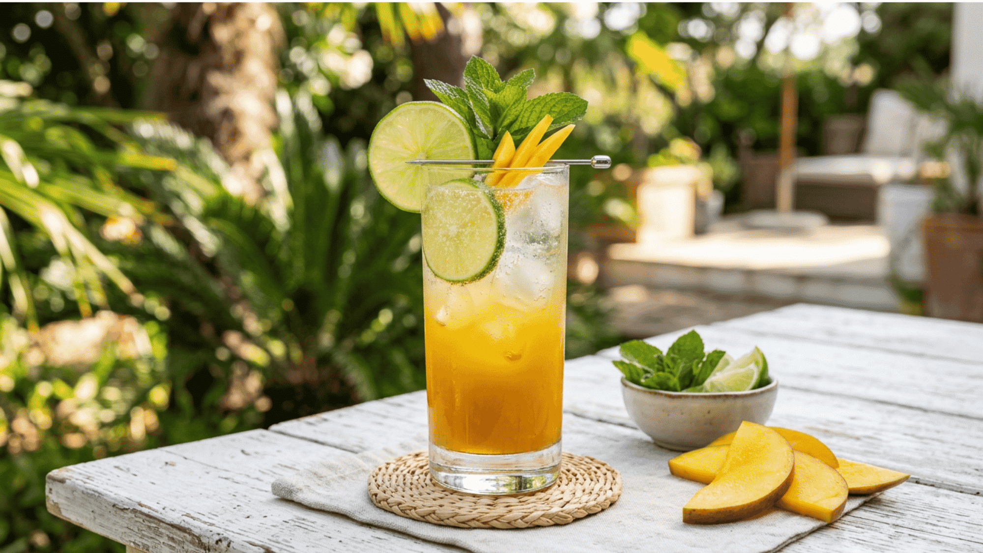 Mango Malibu cocktail with lime, mint, ice, and fresh mango slices