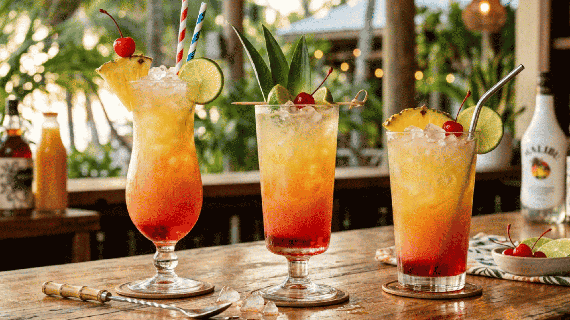 Pineapple Malibu cocktail with lime, cherry, ice, and fresh fruit garnish