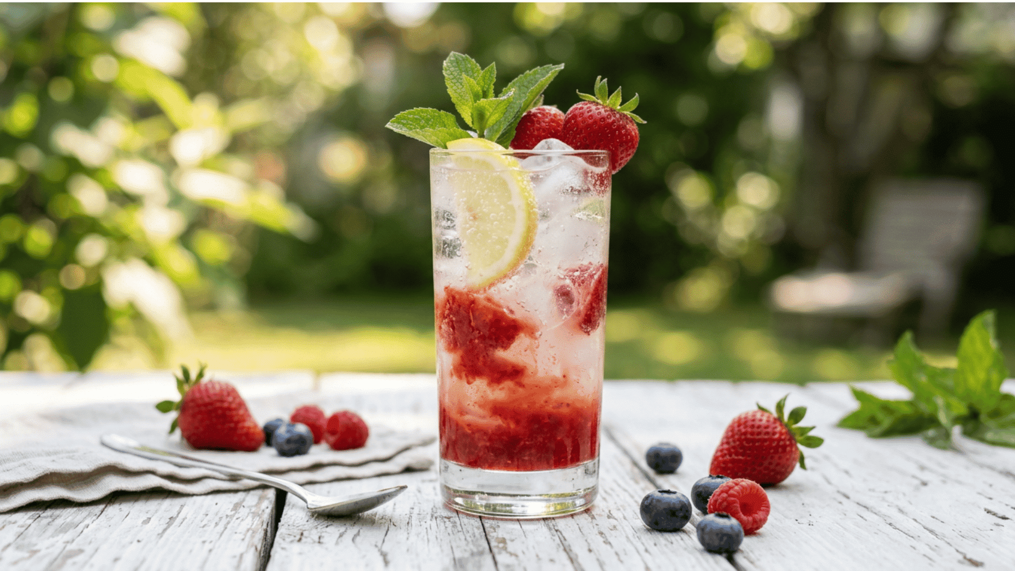 Strawberry Malibu cooler with soda bubbles, mint, lemon, and fresh berries