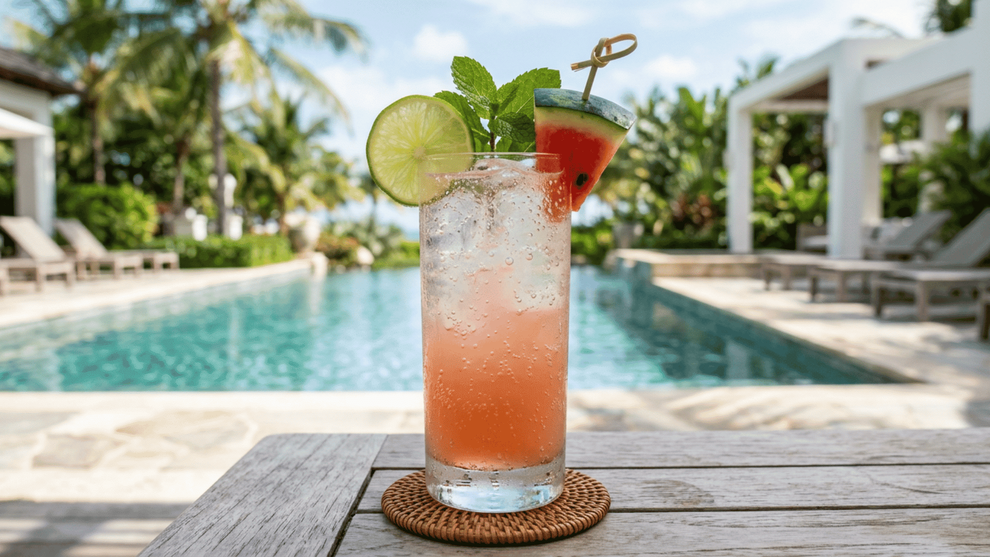 Watermelon Malibu fizz with lime, mint, ice, and sparkling bubbles