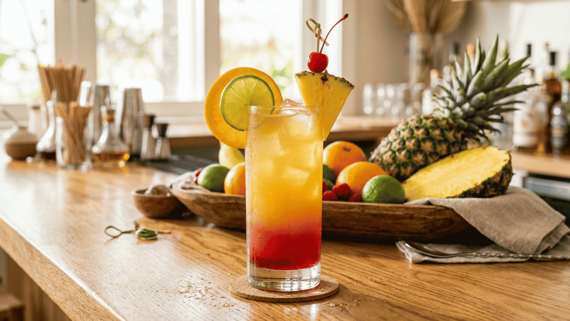 Layered Malibu Bay Breeze cocktail with cranberry, pineapple, lime, and orange
