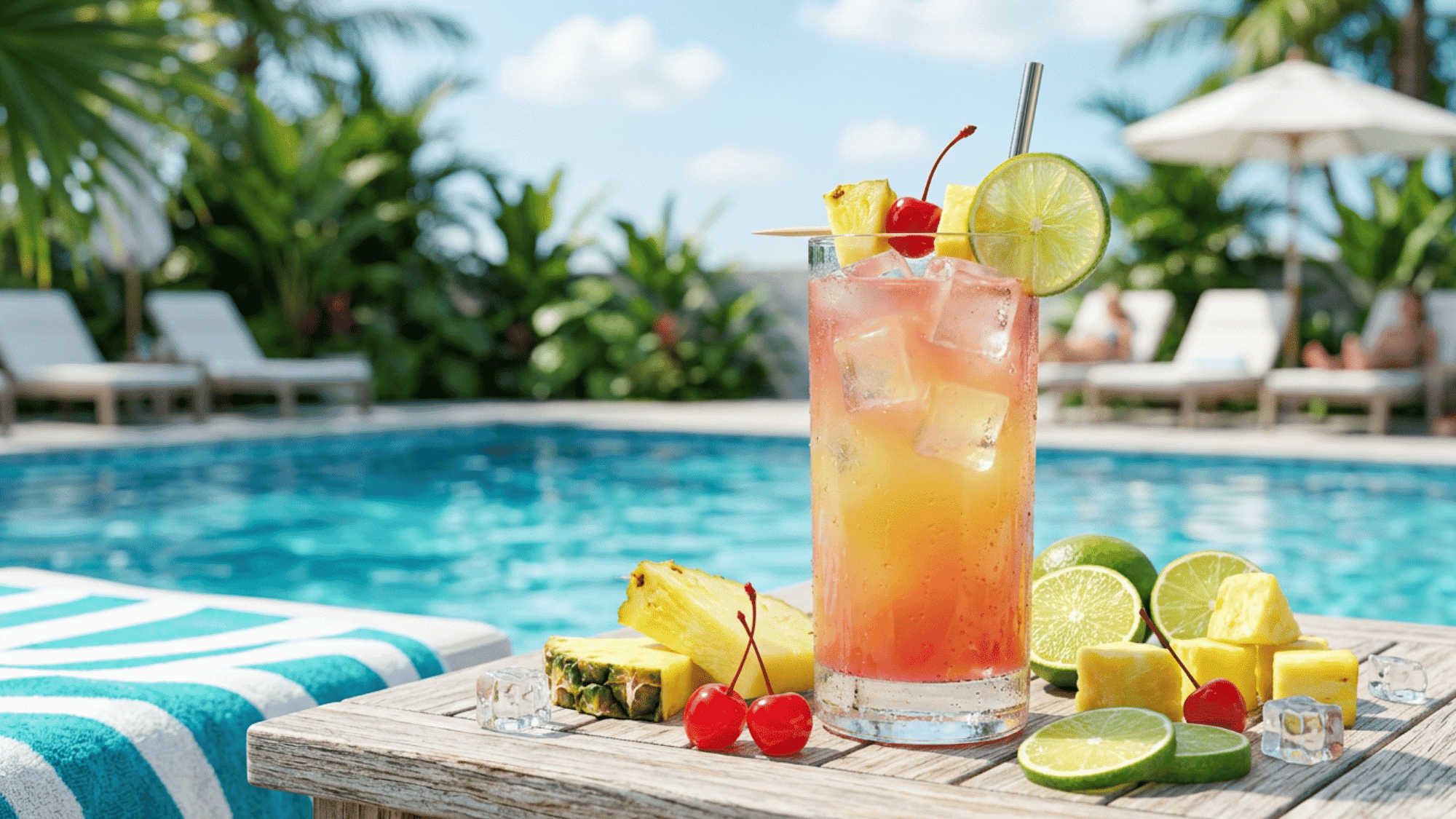 Malibu Bay Breeze with pineapple, lime, cherry, ice, and poolside tropical setting