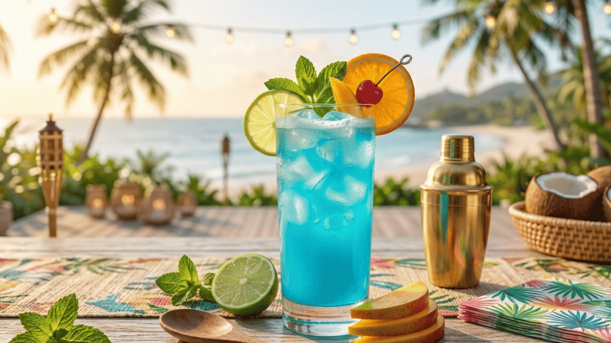 Bright blue Malibu cocktail with lemonade bubbles, lemon, cherry, and ice