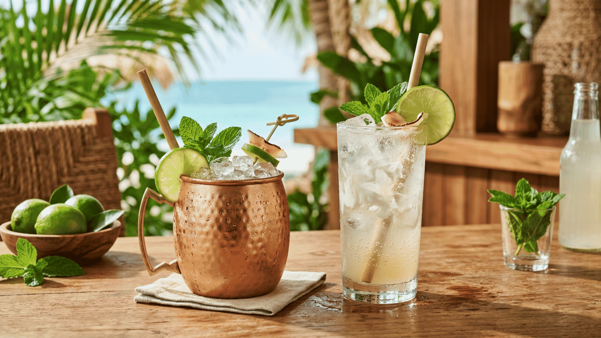 Malibu coconut mule with ginger beer, lime wedges, mint, and ice