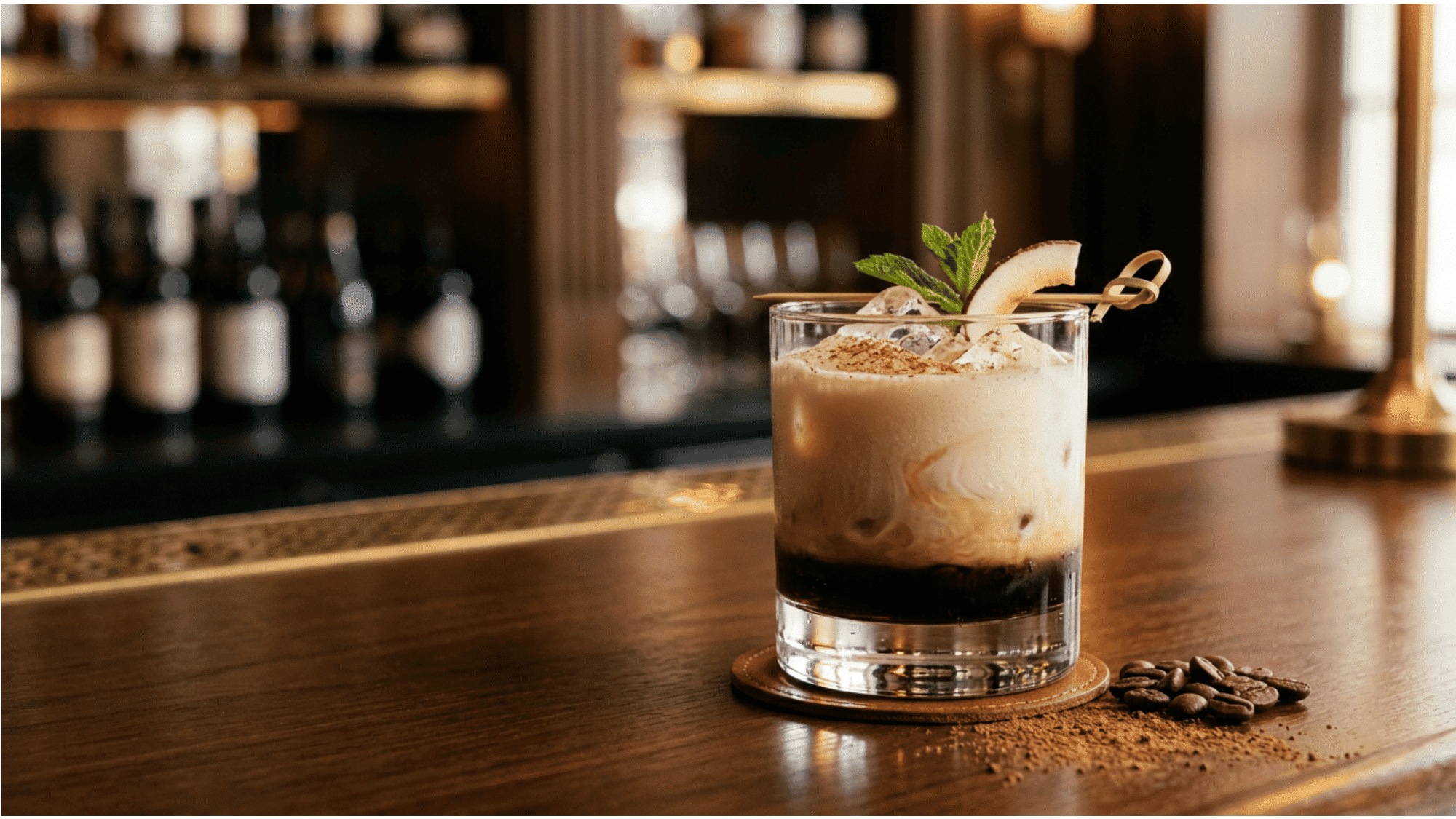 Creamy coconut White Russian cocktail with coffee layers, ice, and cocoa