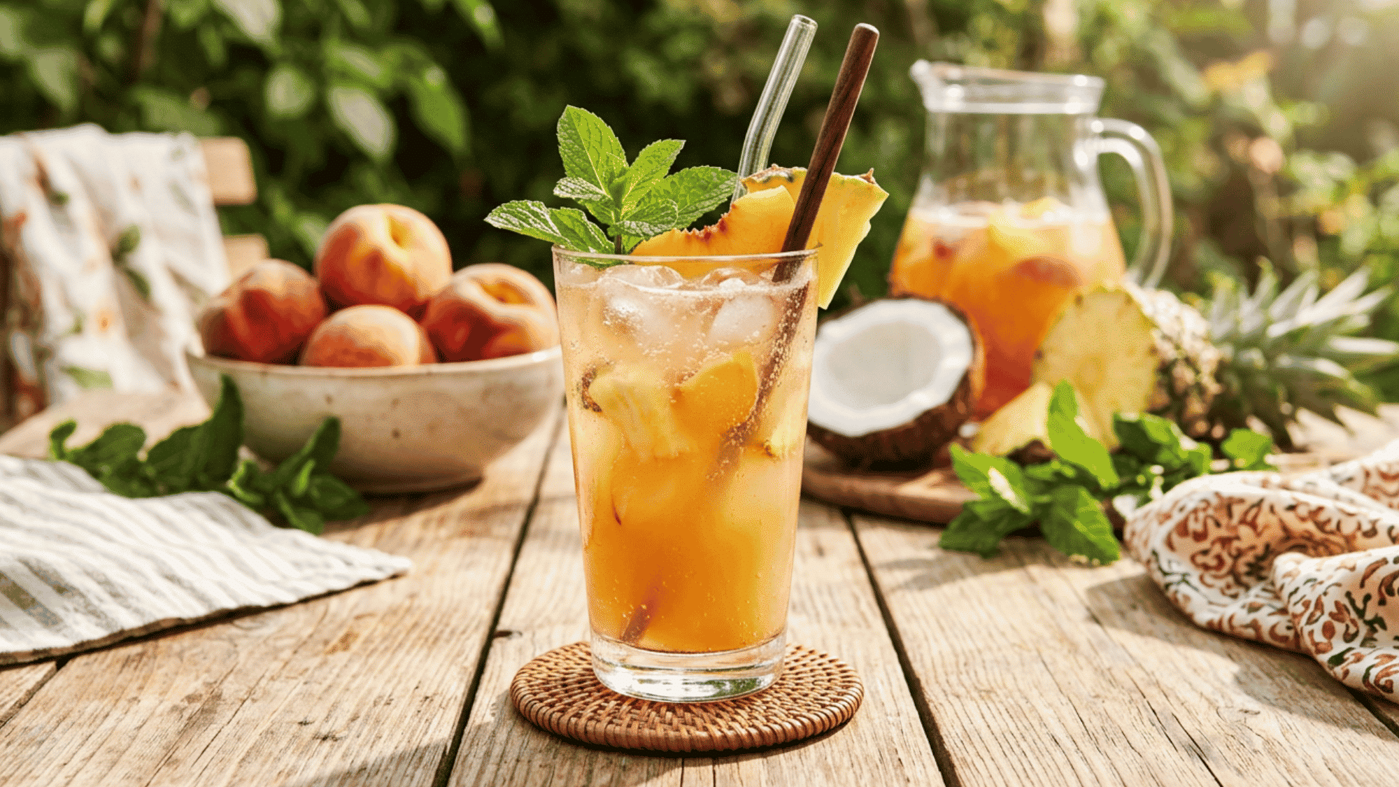 Peach Malibu punch with pineapple chunks, mint, soda bubbles, and ice