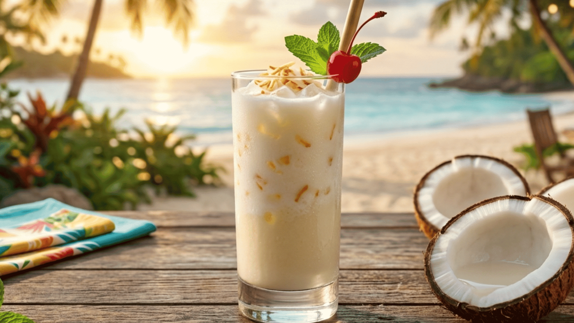 Creamy Malibu piña colada with pineapple, cherry, coconut, and crushed ice