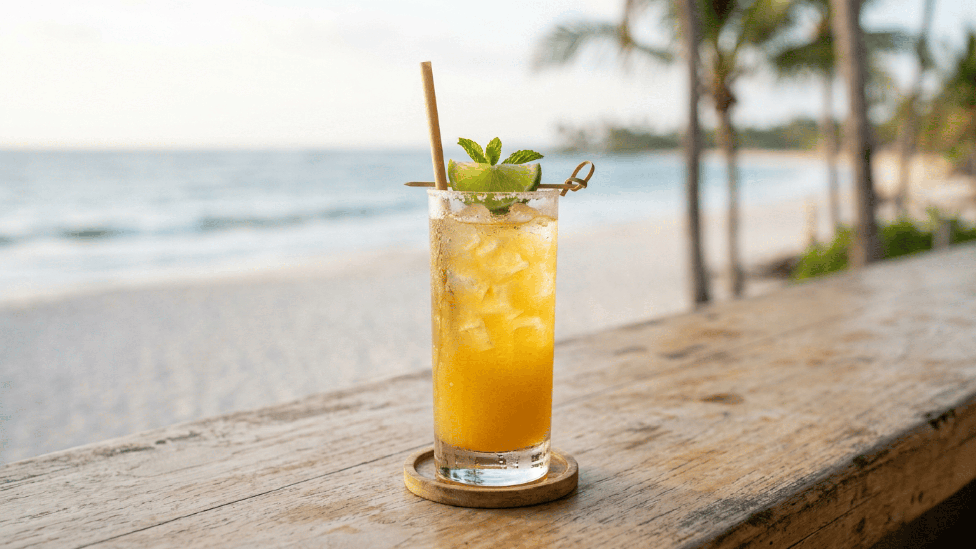 Malibu pineapple drink with ice and lime garnish on a clean tropical bar.