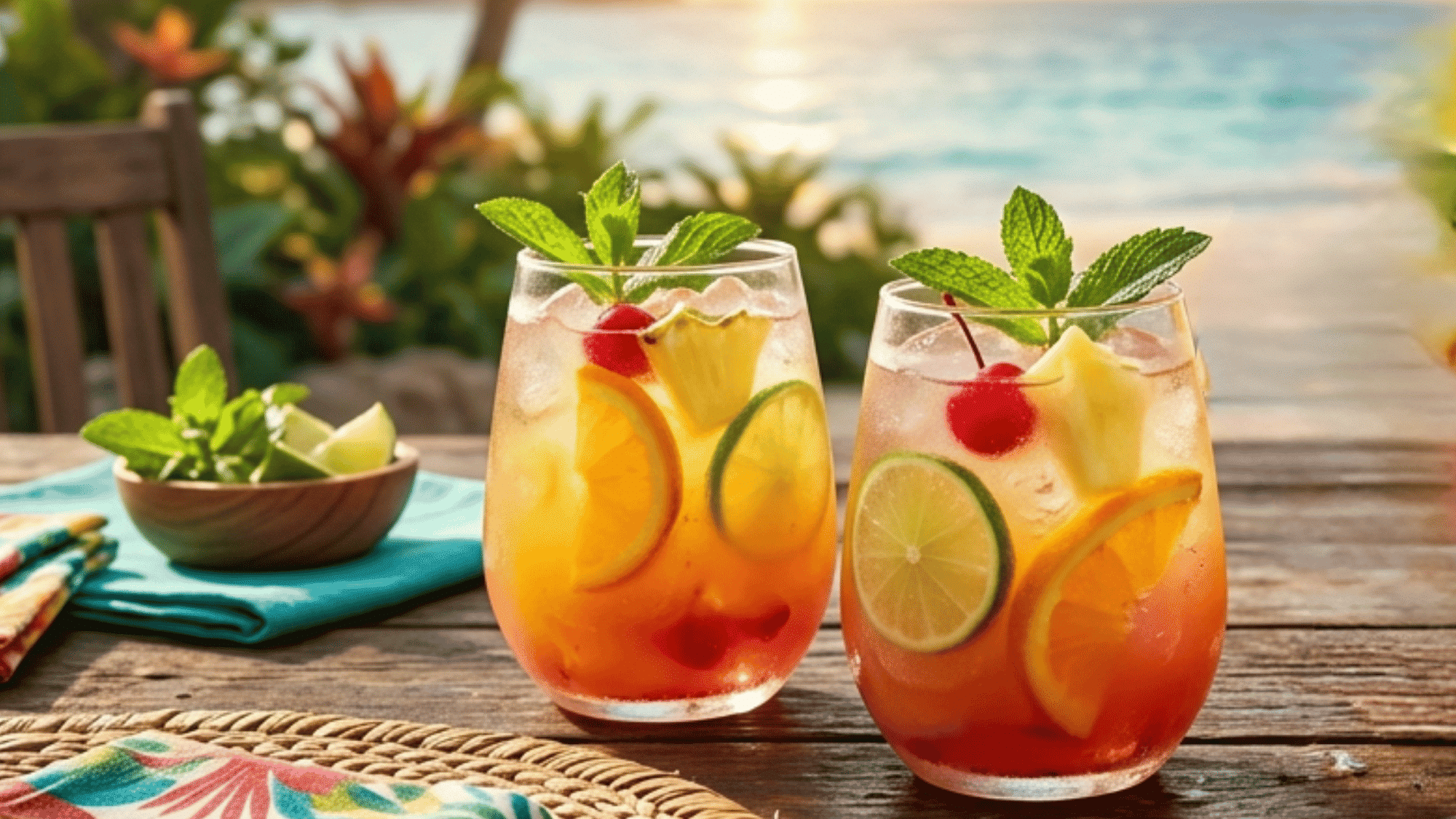 Tropical Malibu rum punch pitcher with fruit slices, mint, and ice