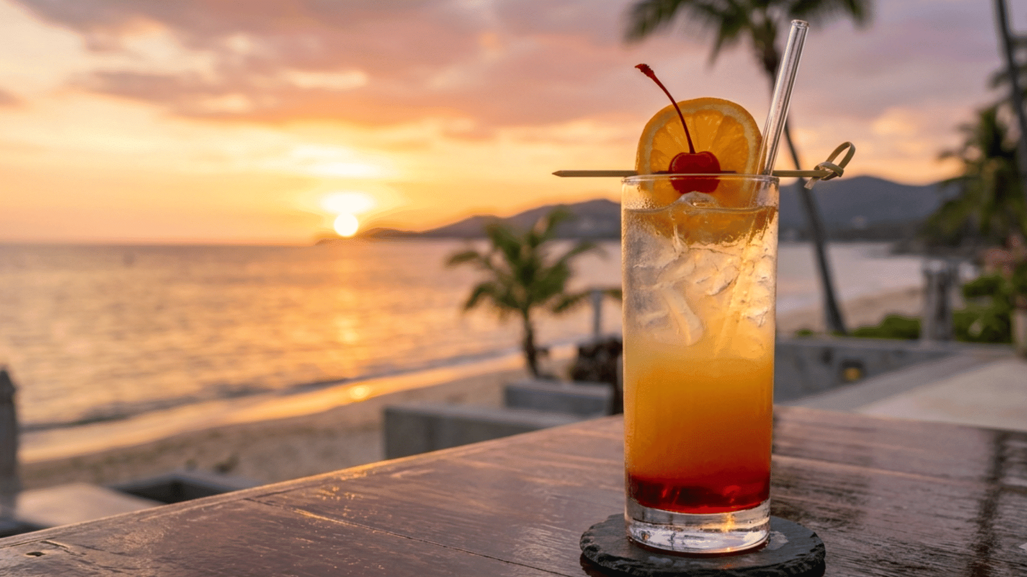 Malibu Sunset cocktail with orange juice, grenadine, cherry, and ice