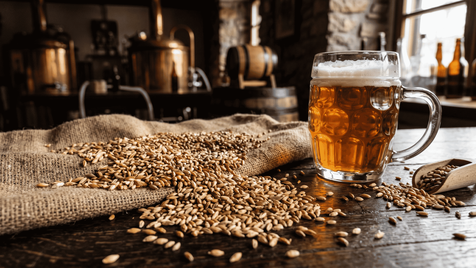 Malted barley grains scattered on burlap next to a beer mug in a brewery