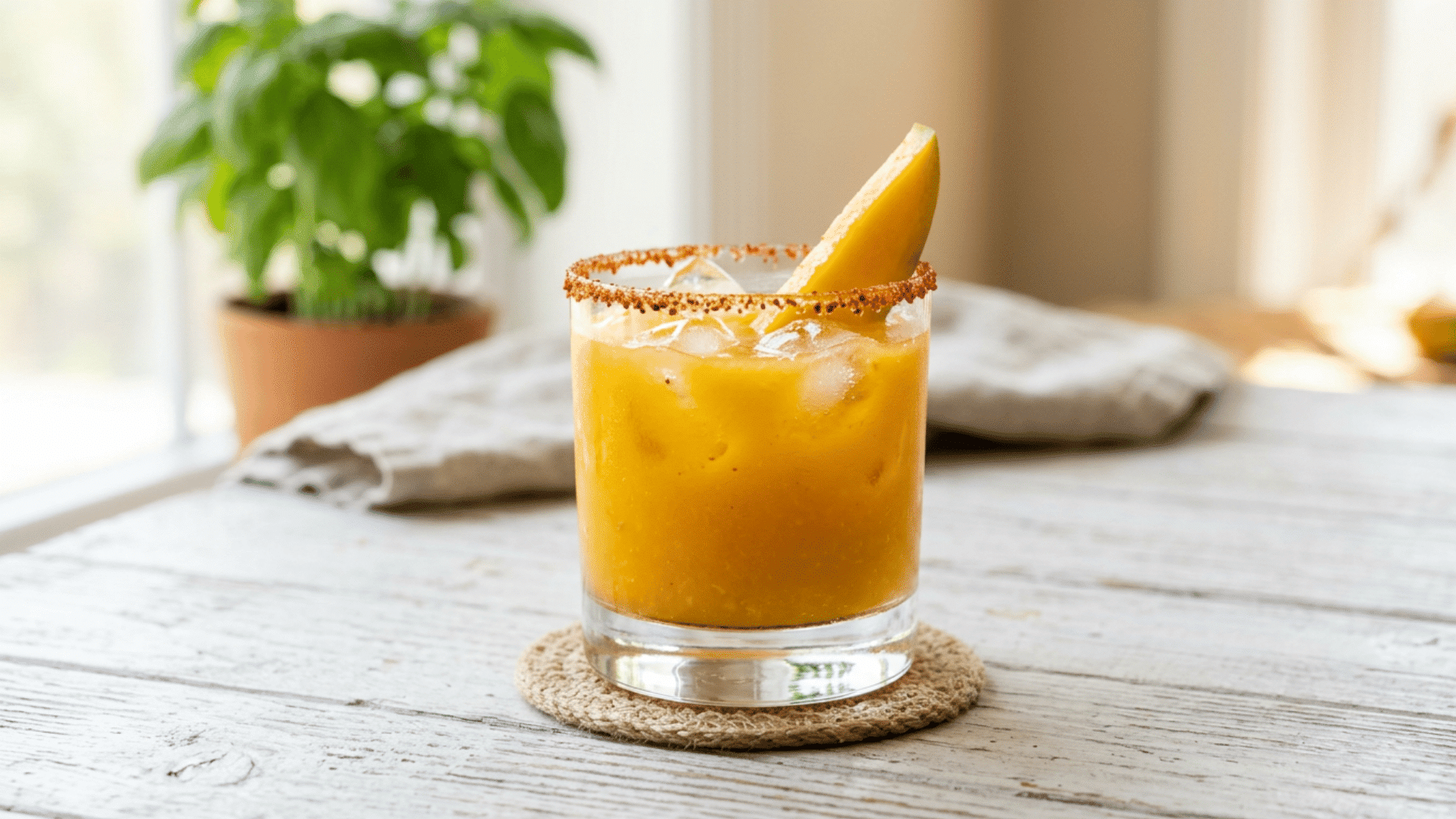 Mango chili-lime margarita with orange color and red spiced rim