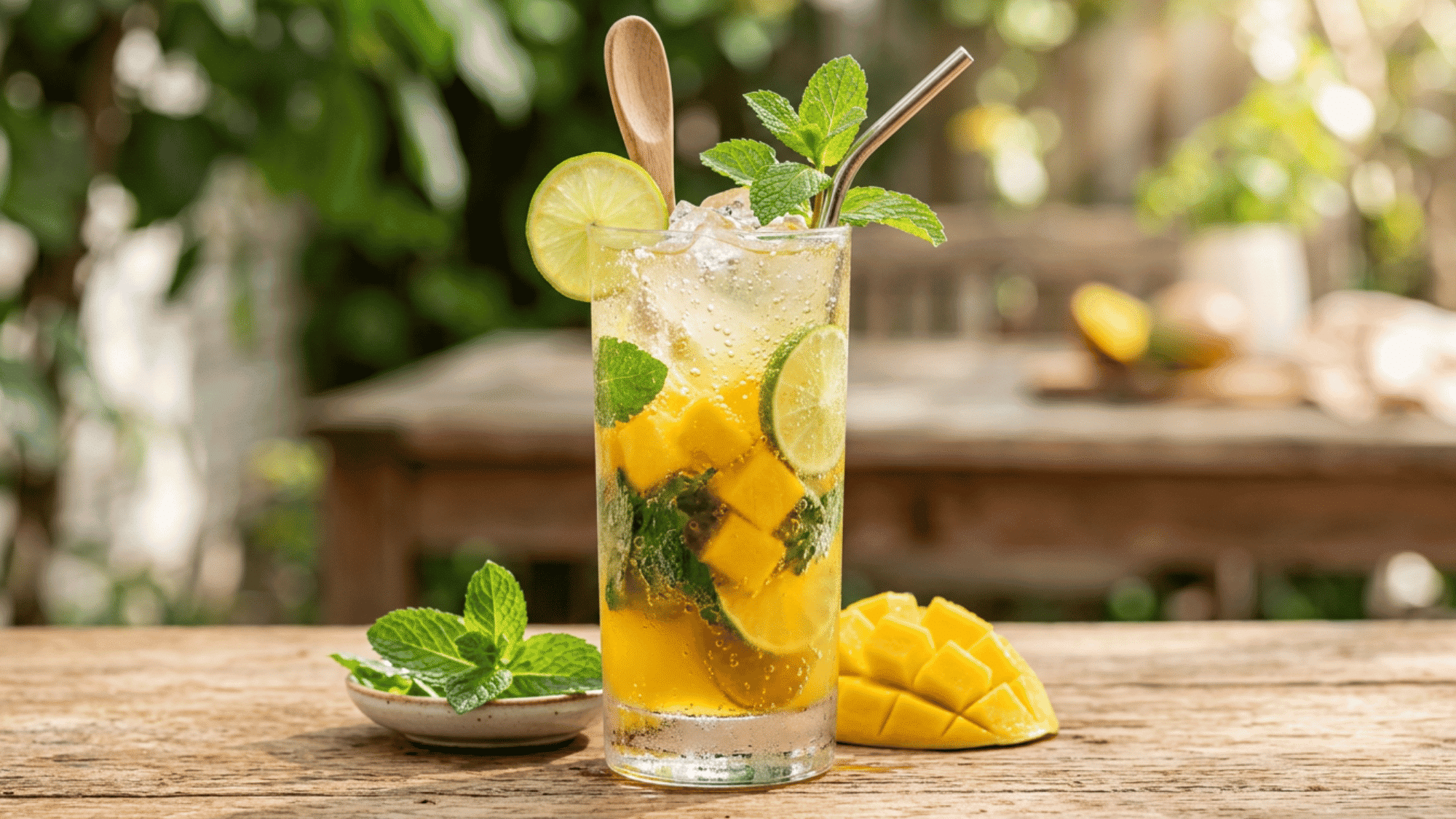Mango mojito with mint, lime, mango cubes, ice, and bubbles on a sunny wooden table