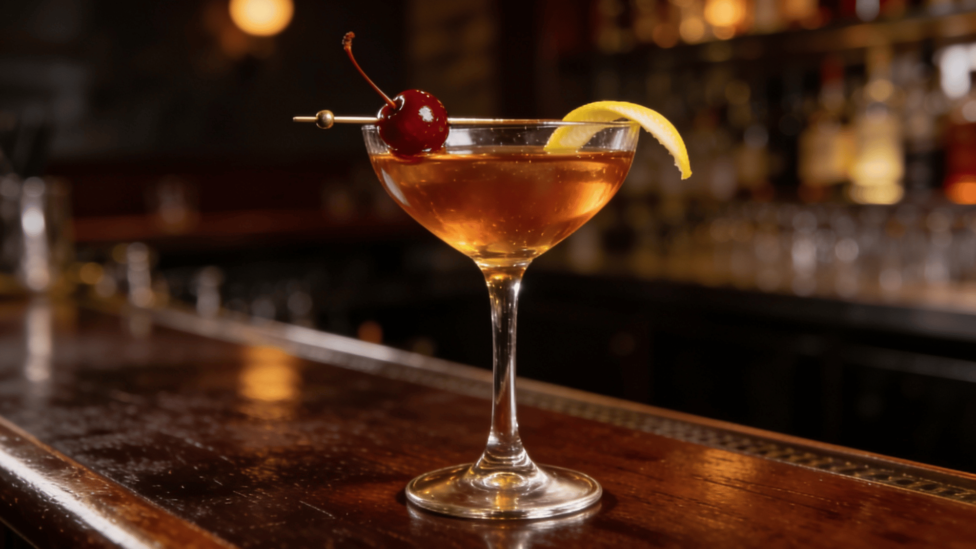 manhattan cocktail with cherry and lemon twist on a polished wooden bar