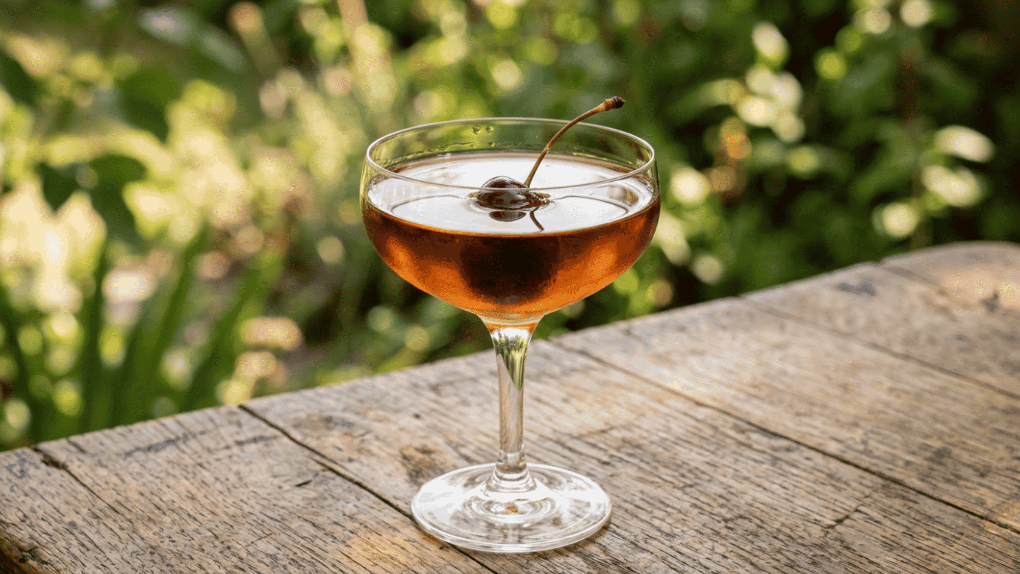 Manhattan with cherry garnish in a coupe glass on a wooden table