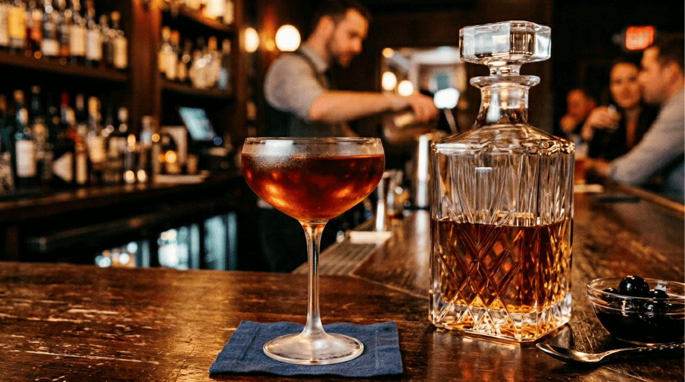 Manhattan cocktail garnished with a Luxardo cherry