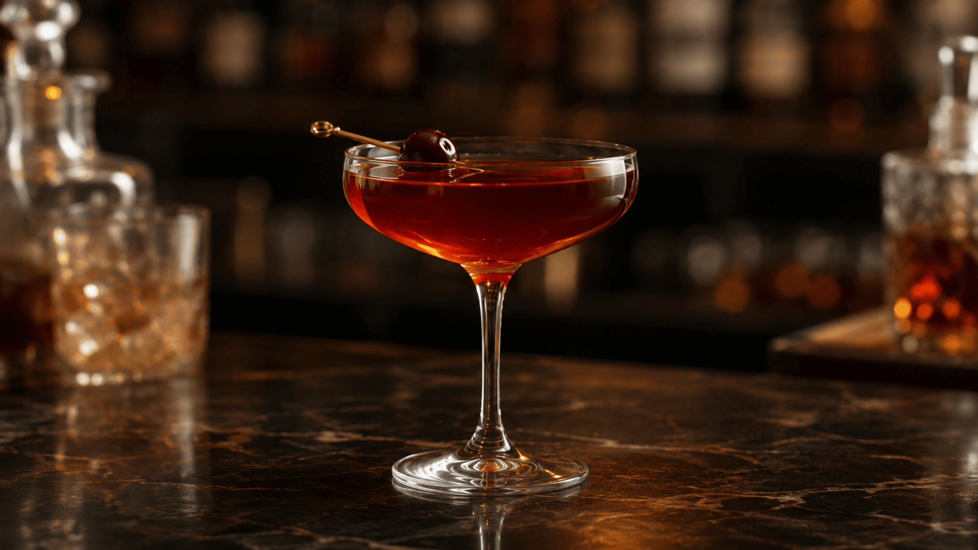 Manhattan cocktail in a coupe glass with cherry garnish on a polished bar