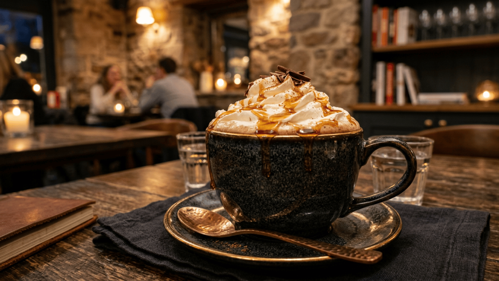 Rich Maple Hot Chocolate in a mug, topped with fluffy whipped cream and a sweet maple drizzle.