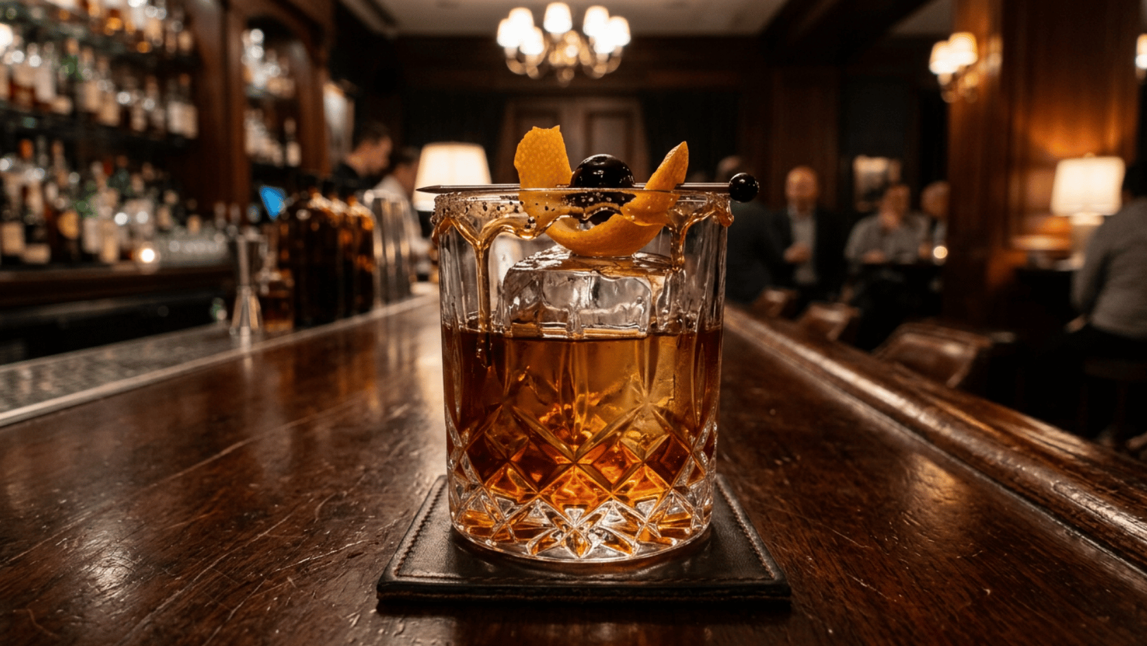 A classic Maple Old Fashioned cocktail in a rocks glass with a large ice cube and an orange peel.