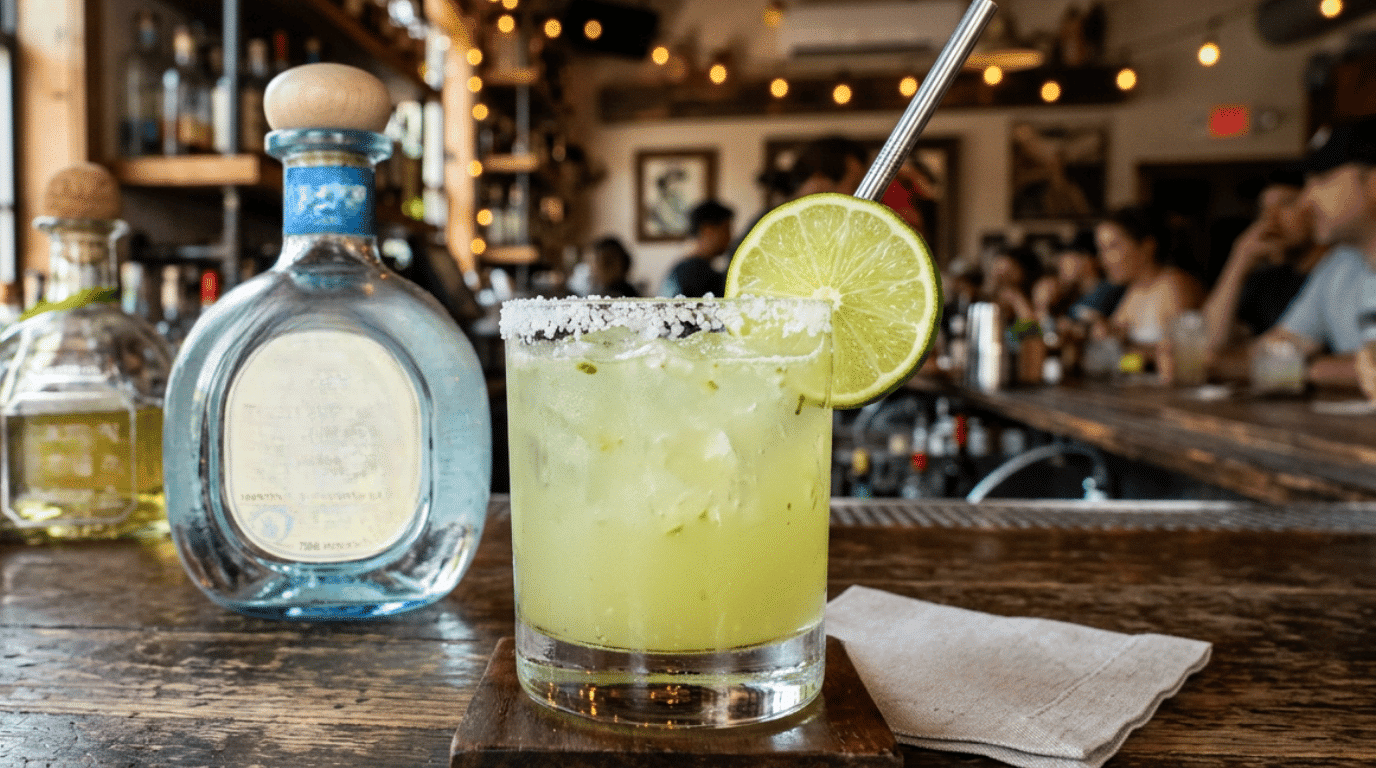 Margarita cocktail with a salted rim and lime wedge