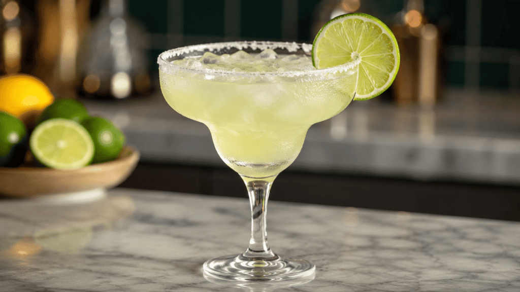 Classic margarita in a salt-rimmed glass with lime garnish on a marble counter