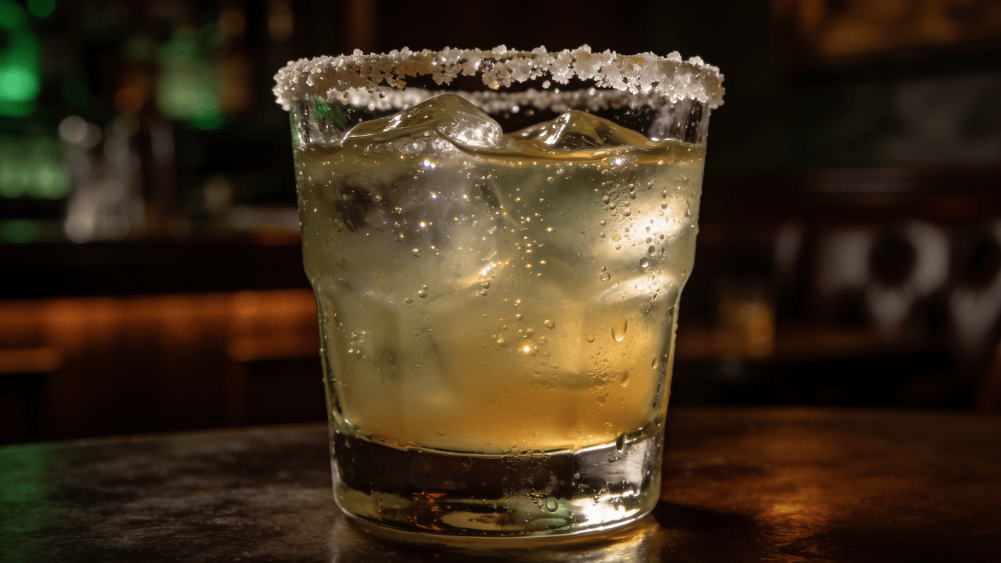 salt-rimmed margarita on ice in a glass on a warm bar counter
