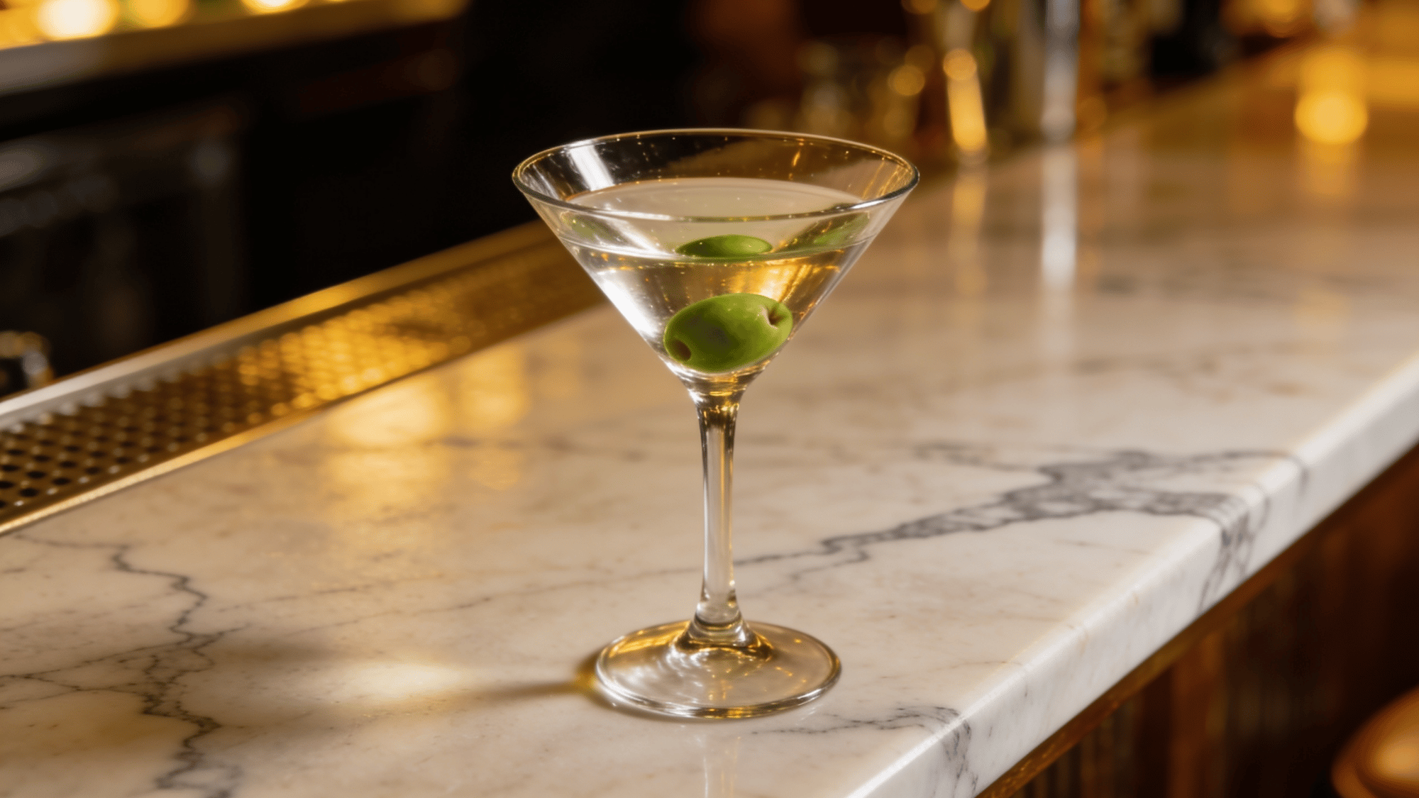 classic martini with olives in a coupe glass on a marble bar counter