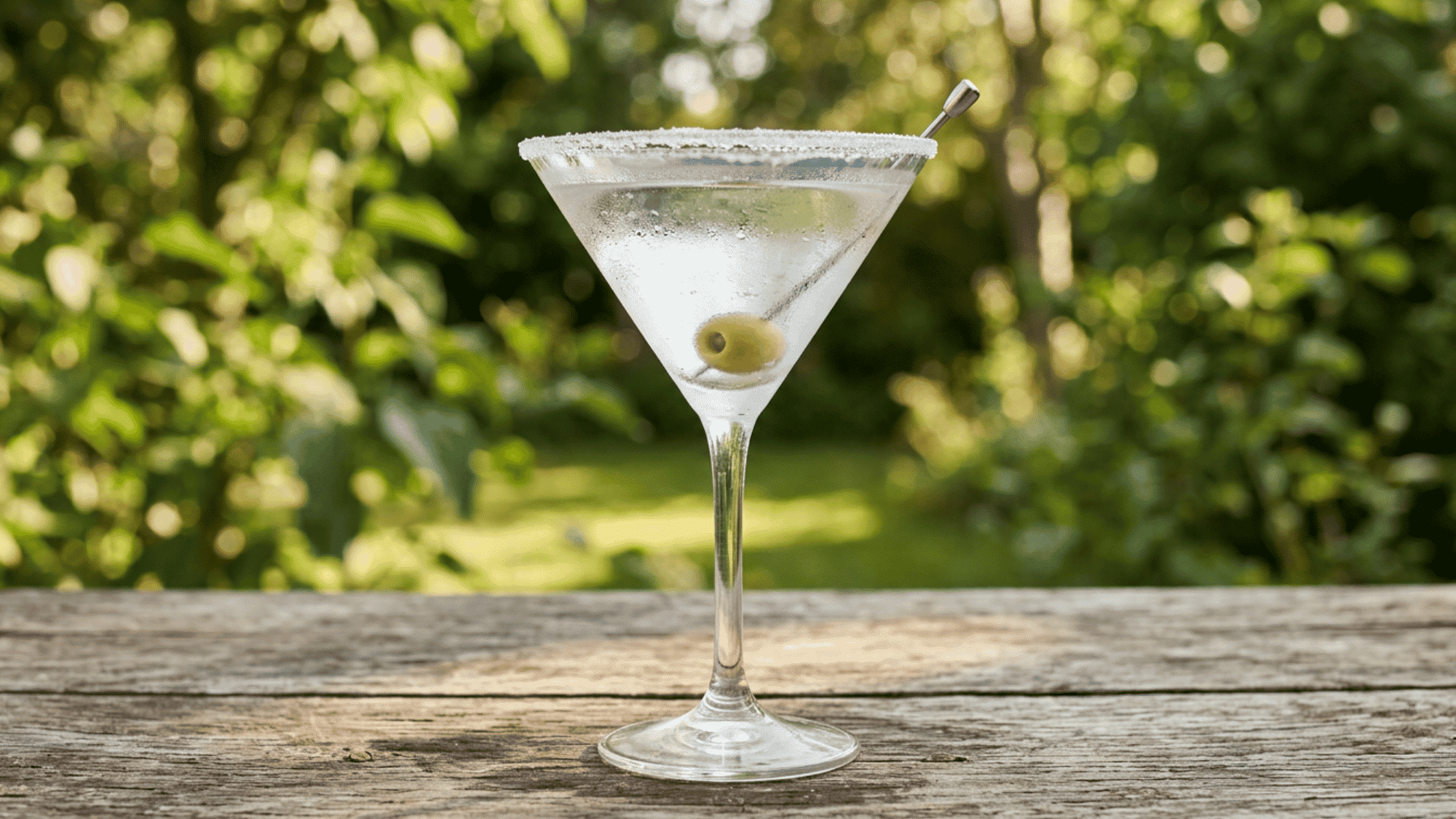 Martini with a green olive in a chilled V-shaped glass
