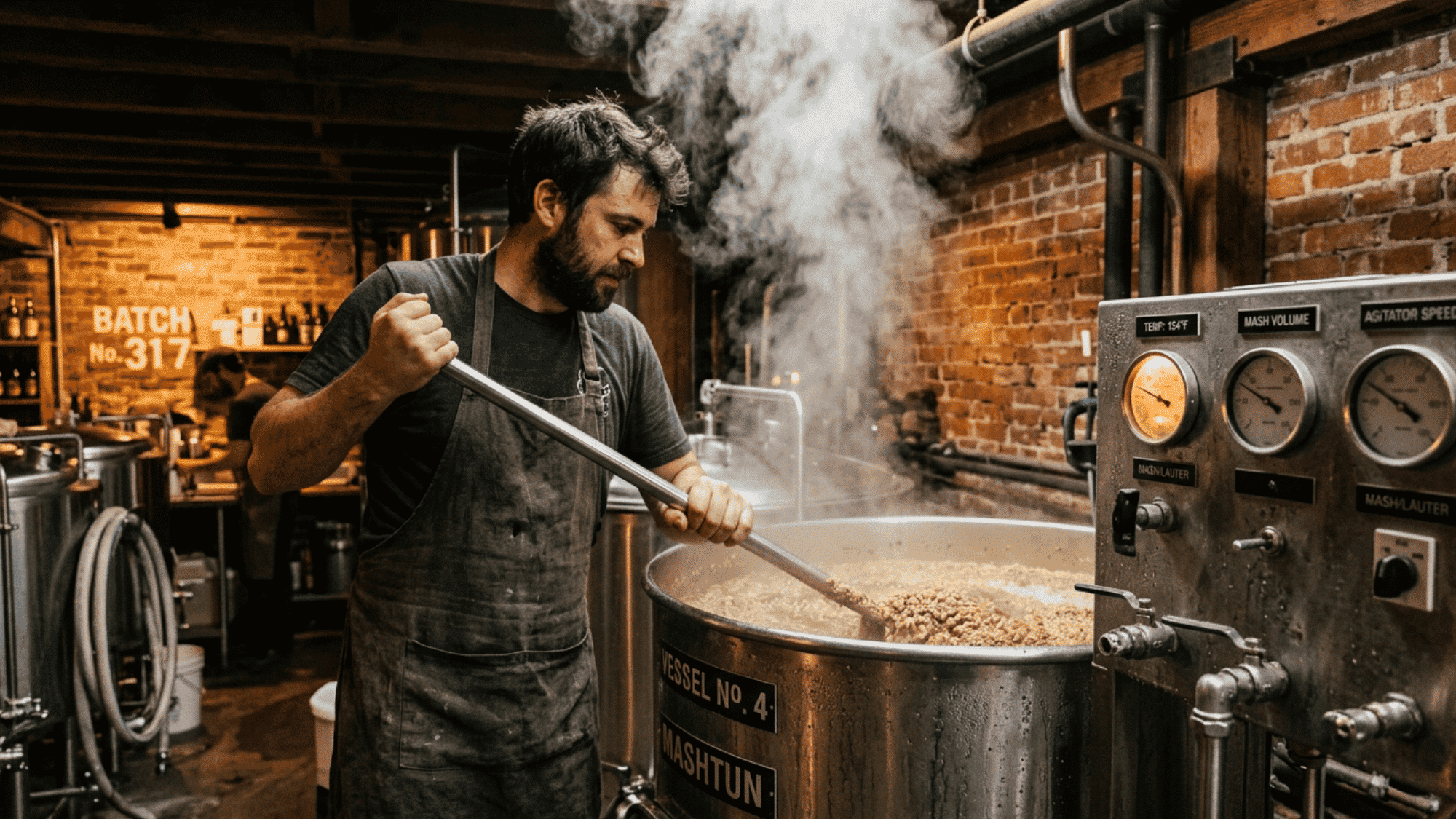 A bearded brewer in a leather apron stirs crushed grains and hot water inside a large mash tun, with steam rising in a rustic brick brewery.
