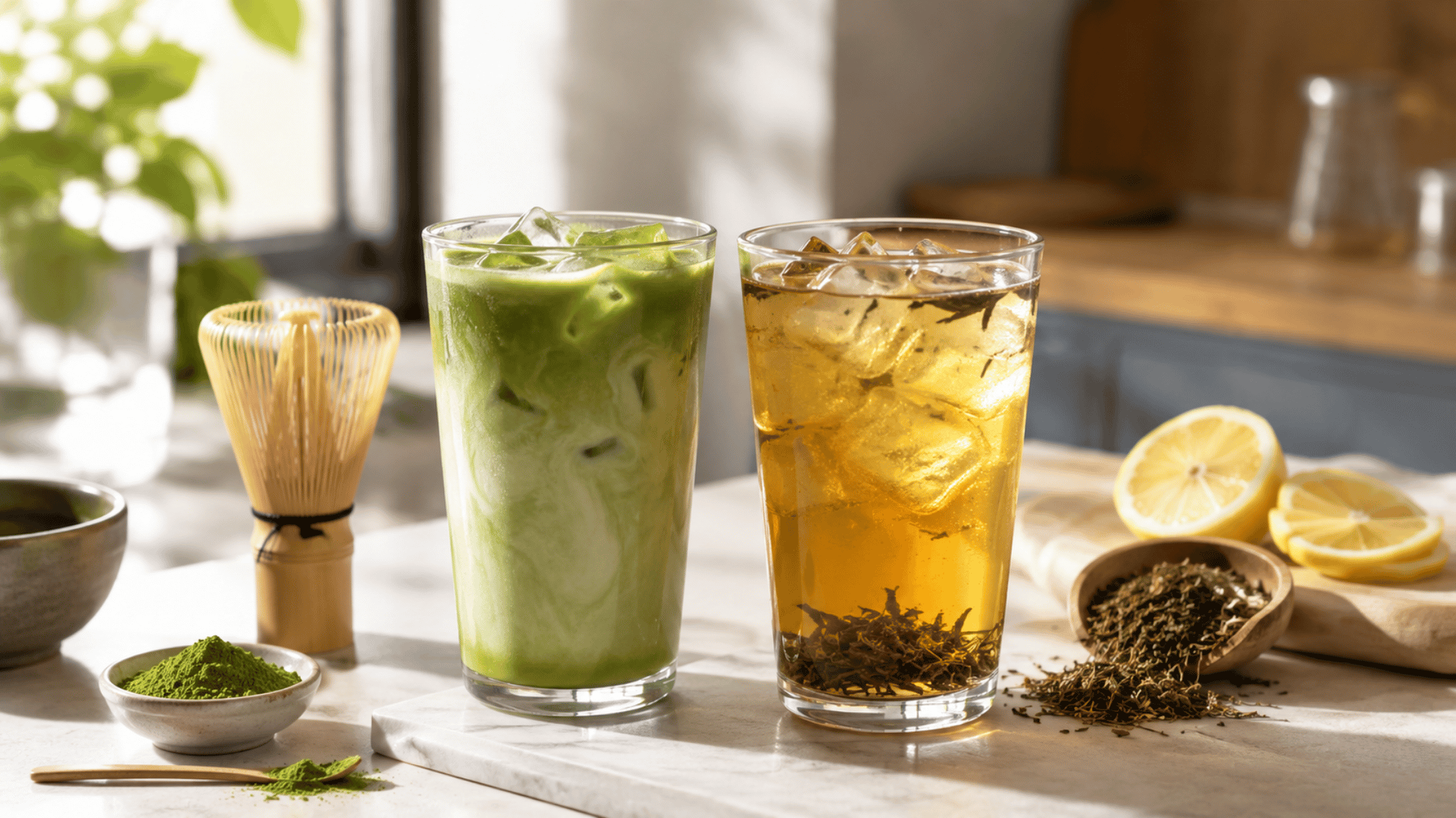 Iced matcha latte and herbal iced tea with lemon on a bright marble surface