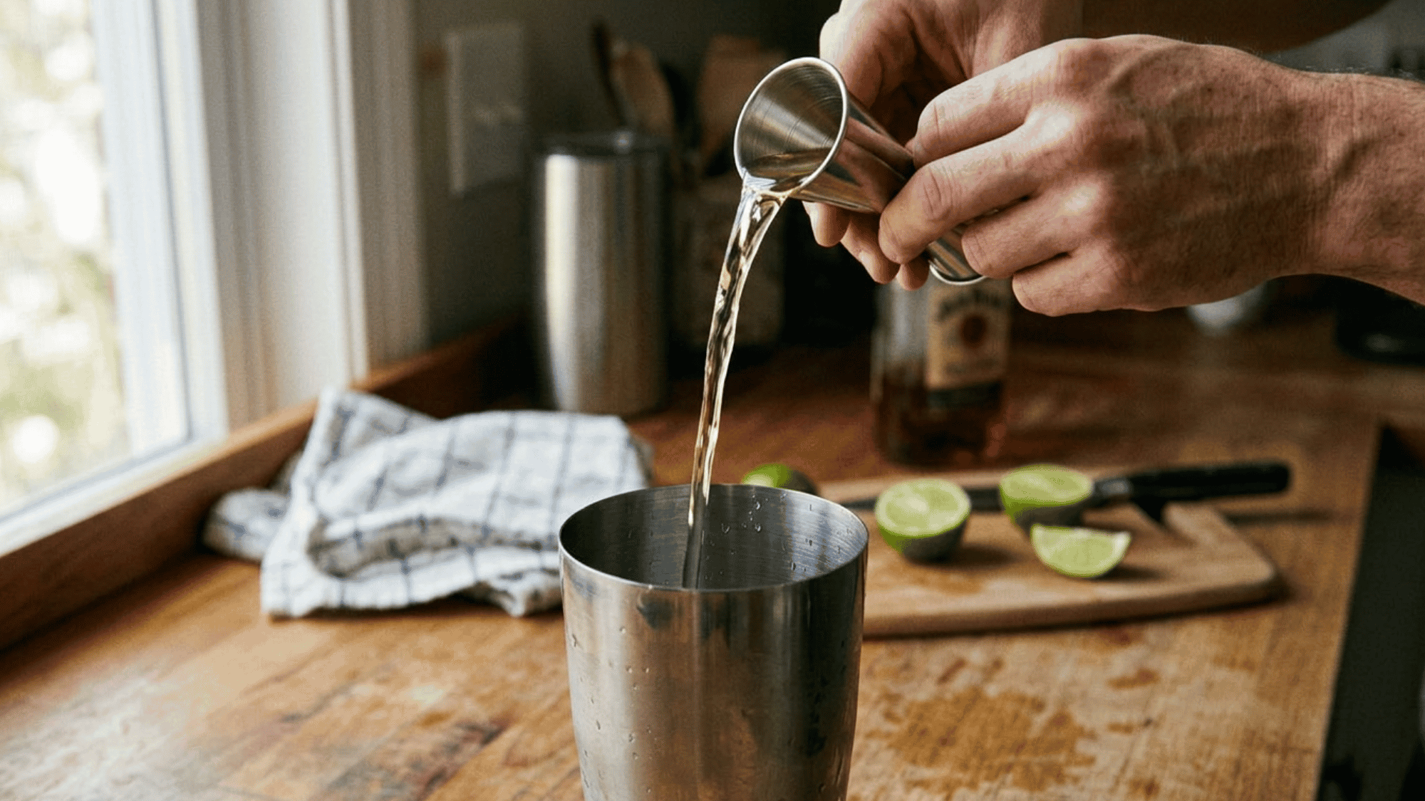 Pouring fresh lime juice from a jigger into a cocktail shaker.
