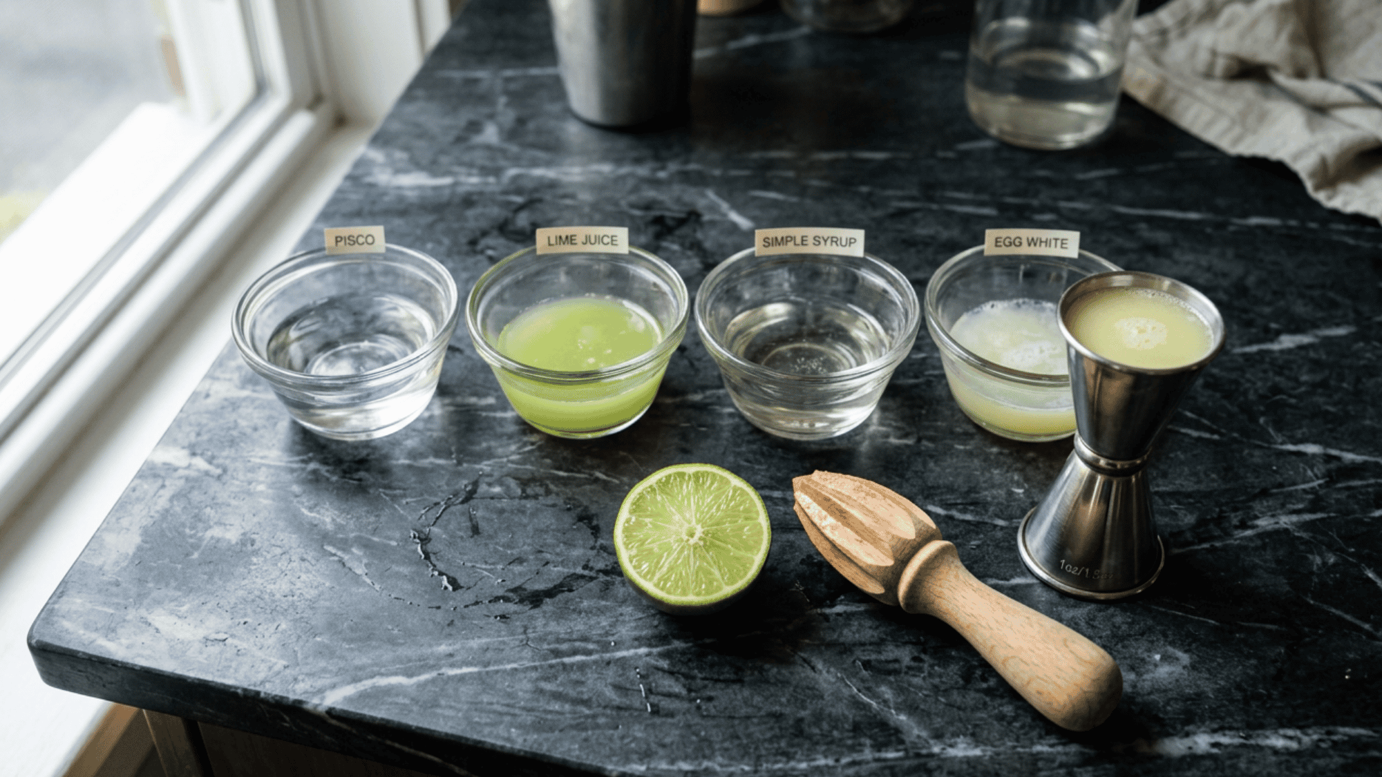 Measuring pisco sour ingredients with a jigger on a kitchen counter